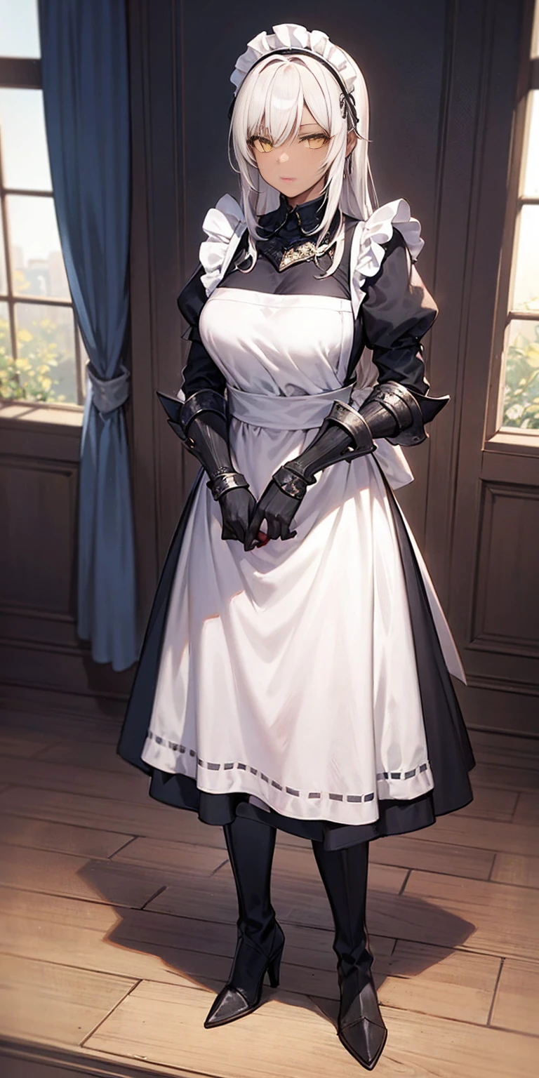 Full body standing straight symmetrical (mature female:1.4) (masterpiece, best quality) (maid, maid headdress, maid apron) indoors, window, best quality, high quality, dark black SKIN. Long messy hair, yellow eyes, full body, def_effie, blue breastplate, looking at viewer, shiny armor, thigh highs, high boots, shoulder armor, faulds, poleyn, red gloves gauntlets