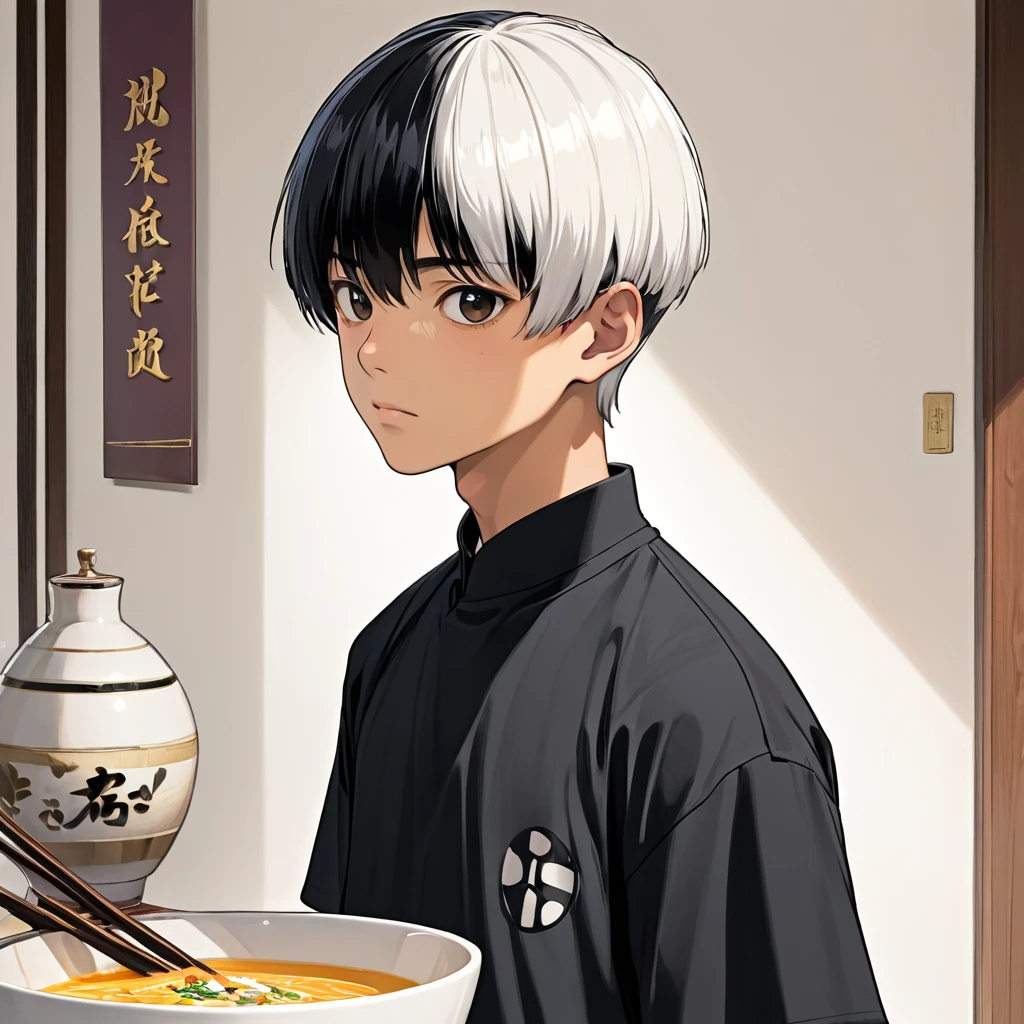 A Japanese boy, teenager, tan skin, white bowl cut hair, black eyes, black eyebrows, black shirt