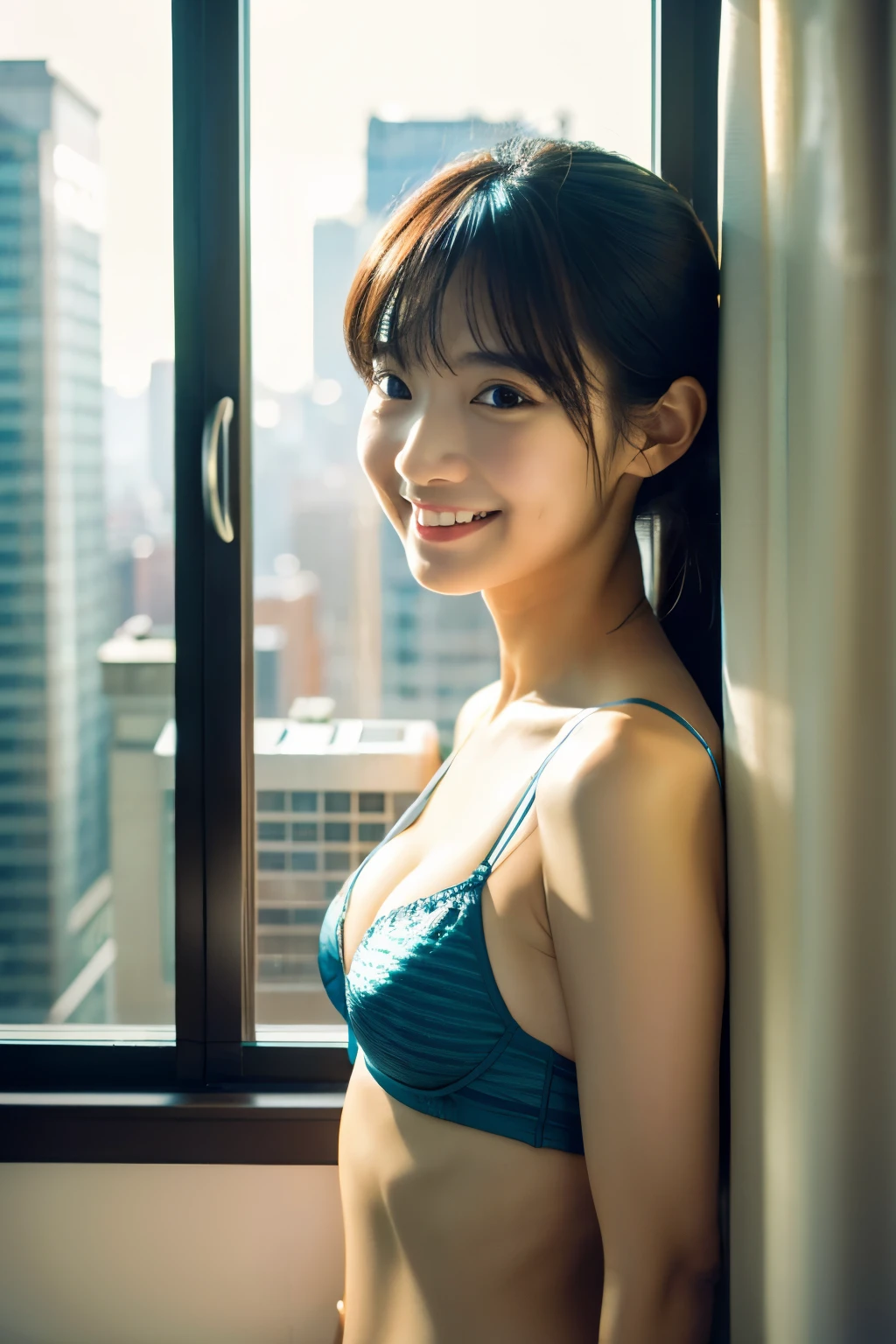 アイドルのようにvery cute、Cute and adorable、Young faceに見える20歳の少女, Young face、very cute、Smiling Kindly、early morning、In underwear、A window seat on the 10th floor of a big city hotel、City buildings can be seen from the window、whole body像、whole body、Accurate、Anatomically correct、Textured skin、Super Detail、 Attention to detail、highest quality、High resolution、Real、realism、Raw photo、Genuine、masterpiece