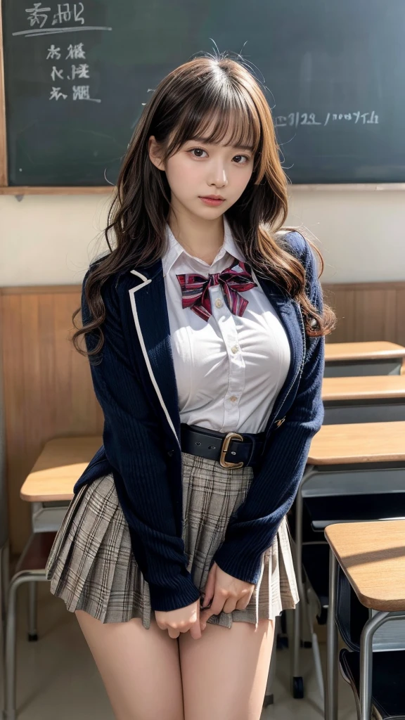 muster piece, best quality, illustration, Super detailed, fine details, High resolution, 8K,wall paper, perfect dynamic composition,(Details High quality, realistic depiction of eyes:1.3), from side, High School Classroom、High school girl uniform、blazer 、Super Short Check Uniform Skirt、Navy blue high socks、garterbelts、Colossal tits、Disturbed uniform,  short hair, (wavy hair:1.2), black hair color, huge breasts, Big Natural Color Lip, bold sexy pose, (perfect body shape), crying a little、cold gaze, Harajuku style、20 year old girl、cute type, beautiful legs, hposing Gravure Idol, Voluptuous thighs
