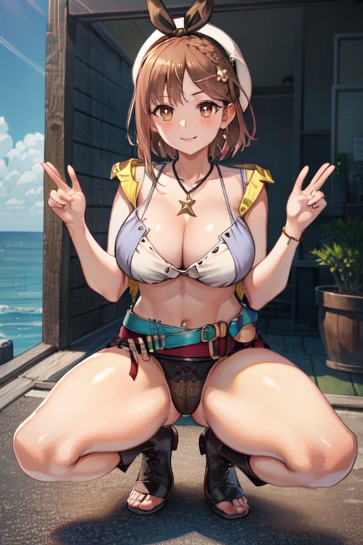 masterpiece, highest quality, High resolution, Highly detailed CG, First default, First closing, Bare thighs, One Girl, belt, flask, chest, alone, Laughter, Seaside,Black lace underwear,Sumo,Four threads.Brown Skin,After sunburn,Seaside,Squat,Kneel,boots,Spread your legs,Hip,smile,The fabric is thin,See-through,fun,Open your hands,inserted by a man,Trance,Realistic depiction,