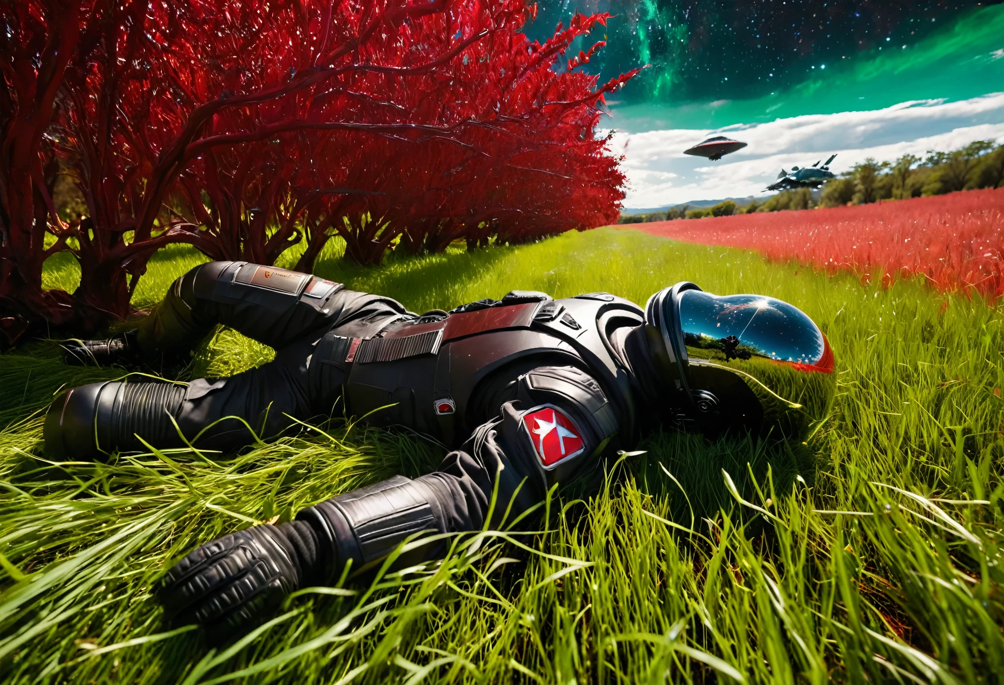 (best quality,4k,8k,highres,masterpiece:1.2),ultra-detailed,realistic:1.37,a wide shot of a man in a black spacesuit lying against a red tree in a red field of grass,a green starship landed in the background, movie frame,penetrating gaze,detailed spacesuit design,strange atmosphere,surreal elements,impressive perspective,ray of light piercing through the black spacesuit,starlight reflections on the surface of the spaceship,faint shadows created by the red tree branches,dense green grass,meticulous tree bark texture,vibrant red color palette,ominous dark clouds in the sky,sharp outlines and clear depth of field,rich contrast between the black spacesuit and the red field,riveting sci-fi scenery,futuristic yet mysterious environment.Xill