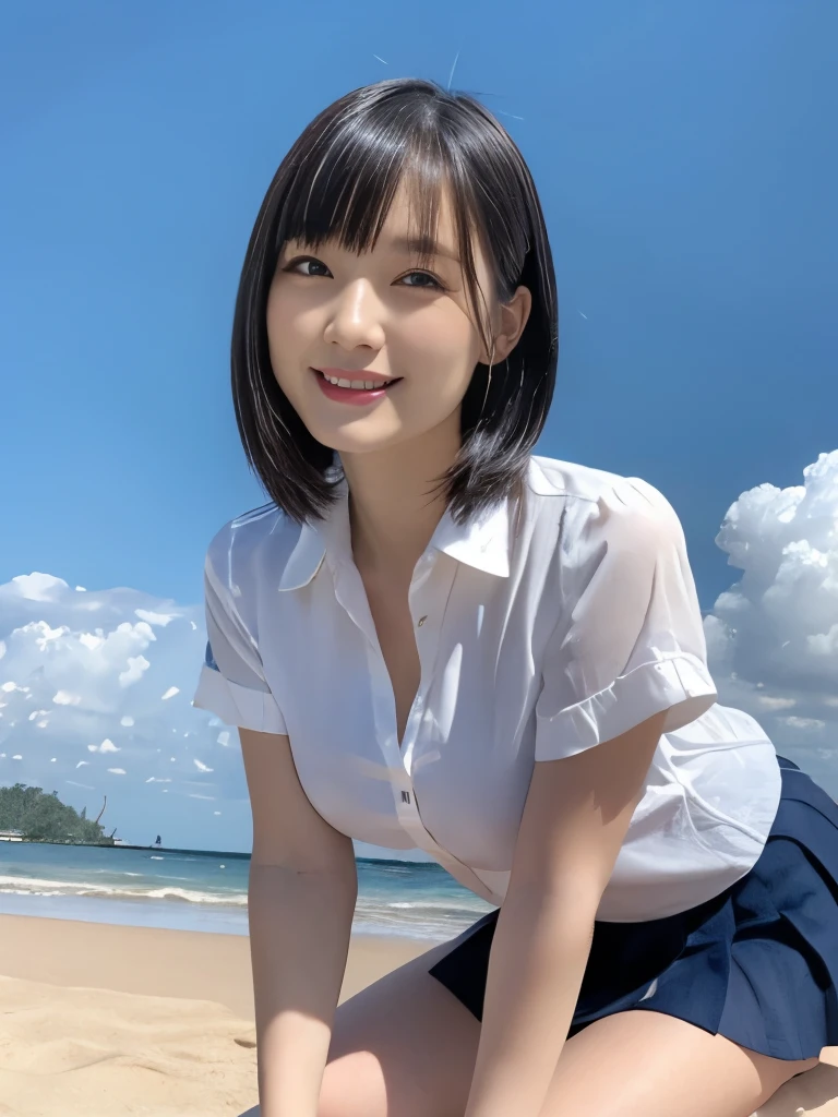 8k、(highest quality)、Upper Body:1.5、Very detailed、High resolution、8k、Angle from below、Small breasts、Thin lips、Detailed face、Cute Smile、Cute Japanese Woman、Cute 24 year old beauty、Beautiful and elegant face、Cute face、Natural Bangs、Arched eyebrows、Groomed eyebrows、(Large, balanced eyes)、Cute eyes、Beautiful Eyes、Beautiful thin nose、Beautiful face line、Beautiful Skin、Medium Bob Hair、Natural Bangs、Slim face、Slim figure、(A kind smileでカメラを見て)、Lighting the face、Bright lighting、Professional Lighting、Forward lighting、A kind smile、Cute pose on the beach、(She is wearing a white short-sleeved blouse shirt and a navy pleated mini skirt.)、Beautiful legs、Smooth skin、Slim and beautiful thighs、((Wearing a white blouse shirt and a navy pleated mini skirt, leaning forward with hands on knees))、Summer Morning、Beautiful white sand beach on a southern island、Tropical Beach、(Lighting the face)、Knee-high socks、Large ribbon on the chest、、Sailor Uniform、