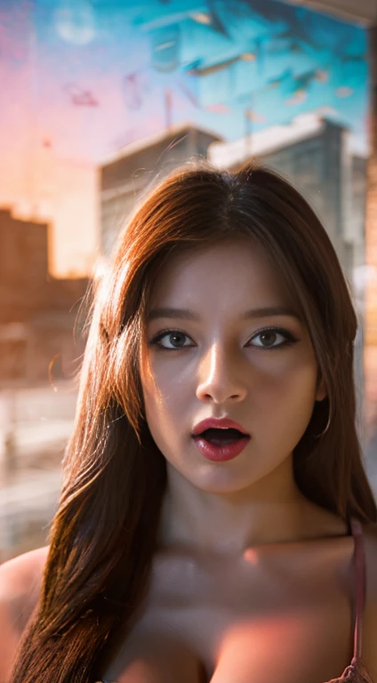 Woman on knees, oval face, crying, sad, distressed, sexy body, brown long hair, (looking at viewer), makeup, fit, erotic body, Cleavage, Cosplay, Tongue out, (best quality,4k,8k,highres,masterpiece:1.2), ultra-detailed, (realistic,photorealistic,photo-realistic:1.37), HDR, UHD, studio lighting, ultra-fine painting, sharp focus, physically-based rendering, extreme detail description, professional, Pastel colors, bokeh, portraits, landscape, horror, anime, sci-fi, photography, concept artists, warm, soft lighting
