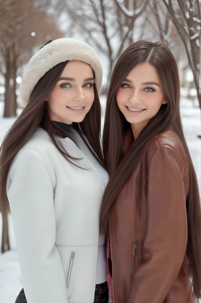 Professional photograph, best quality, 8K, hyper detailed, half body, A close up portrait of two gorgeous, beautiful, wonderful women, croatian and serbian females together posing for the camera, both women have super long hair, serbian girl has dark brown hair and croatian girl has light brown hair, the both of them are wearing winter outfits, both girls are wearing leather jackets. Both women are wonderful, dream, ethereal, timeless, majestic beauties from Croatia and Serbia. Slavic dream beauties who comes to the hearts. They're glad, smiling and enjoying a day at park in winter. True friendship, they pose happy for the camera.