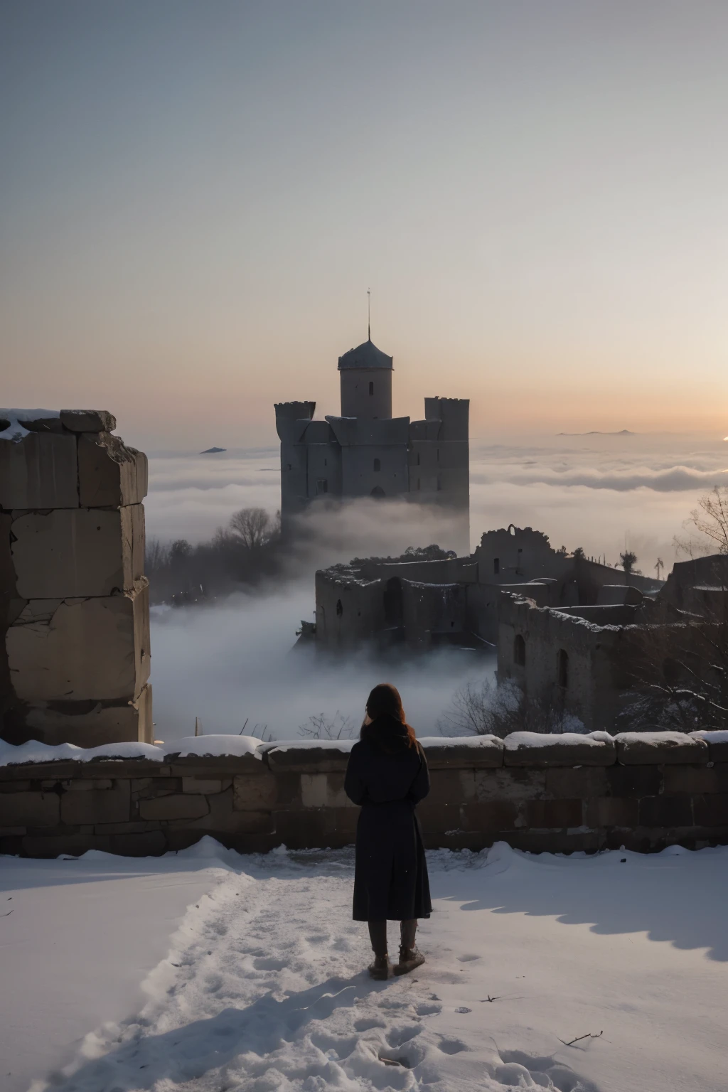 (best quality, masterpiece:1.2), detailed, Landscape, dusk, fog, snow, mysterious, vivid colors, soft lighting, serene atmosphere, tranquil mood, hazy silhouette, gentle brushstrokes, ((ruins of and old castle somewhere in the background))