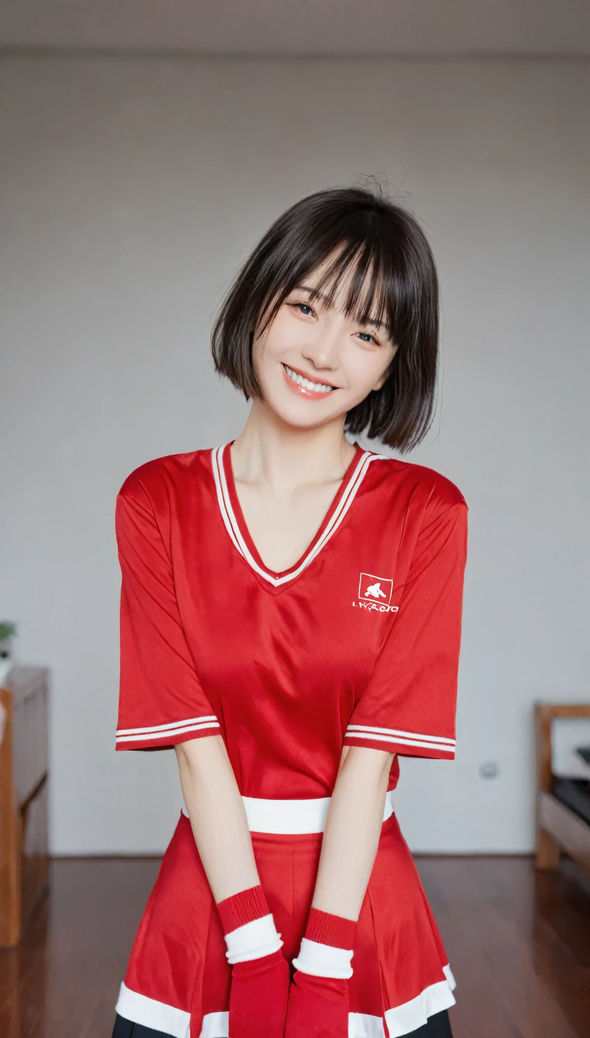 Thousand miles, 1 Girl, Bangs, indoor, short hair, Smile, Solitary, permanent, Sexy pose, Mid-chest, red, 吊Socks带, Socks, Put your hands behind your back, red边丝带, Lyrcoris recoil,
