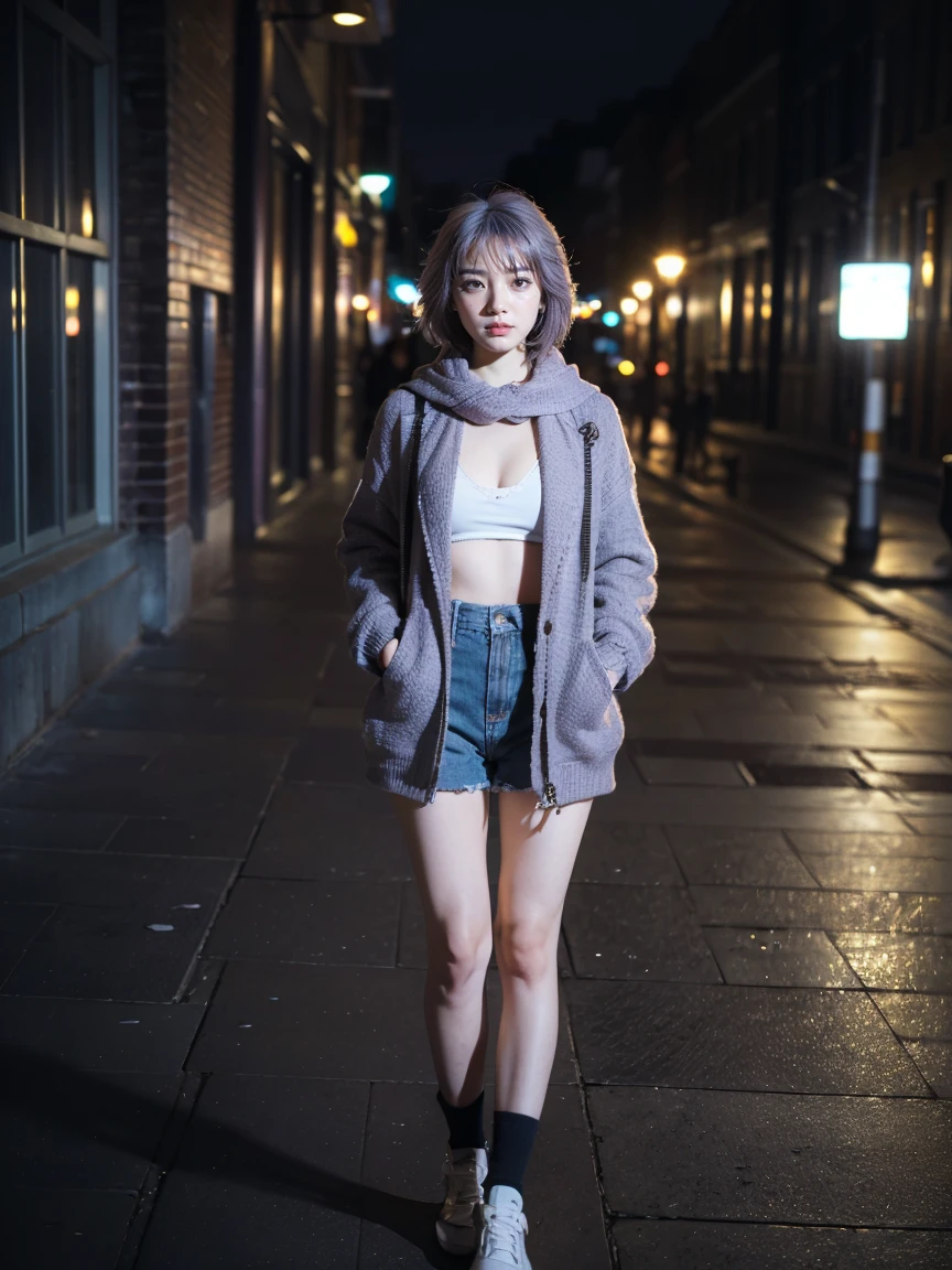 (1 lady), (Best quality at best:1.4), (ultra - detailed), (extremely detailed CG unified 16k), A Beautiful Woman with Perfect Figure: 1.4, Sharp Focus: 1.2, very detailed, High-definition RAW color photo, professional photoshooting, amazing face and eyes, cosmetics, (amazingly beautiful girl), ((yuki)), ((winter clothes)), standing, sexyposture,(Stylish urban landscape, day light), (look from down), realistic cinematic face, head to feet long wide zoomed out view, full body long view, photorealistic, ((realistic natural grayish purple hair style, yellowish eyes)), gorgeous, extremely beautiful face, perfect model beauty, pout mouth, Highly Detailed Face and Skin Texture, Detailed Eyes, Double Eyelids, Big Breasts, inexpressive face, cleavages, western, (masterpiece), best quality, high resolution, extremely detailed, blurred background, depth of field, cinematic lighting, amazing legs, clear and well-cared skin