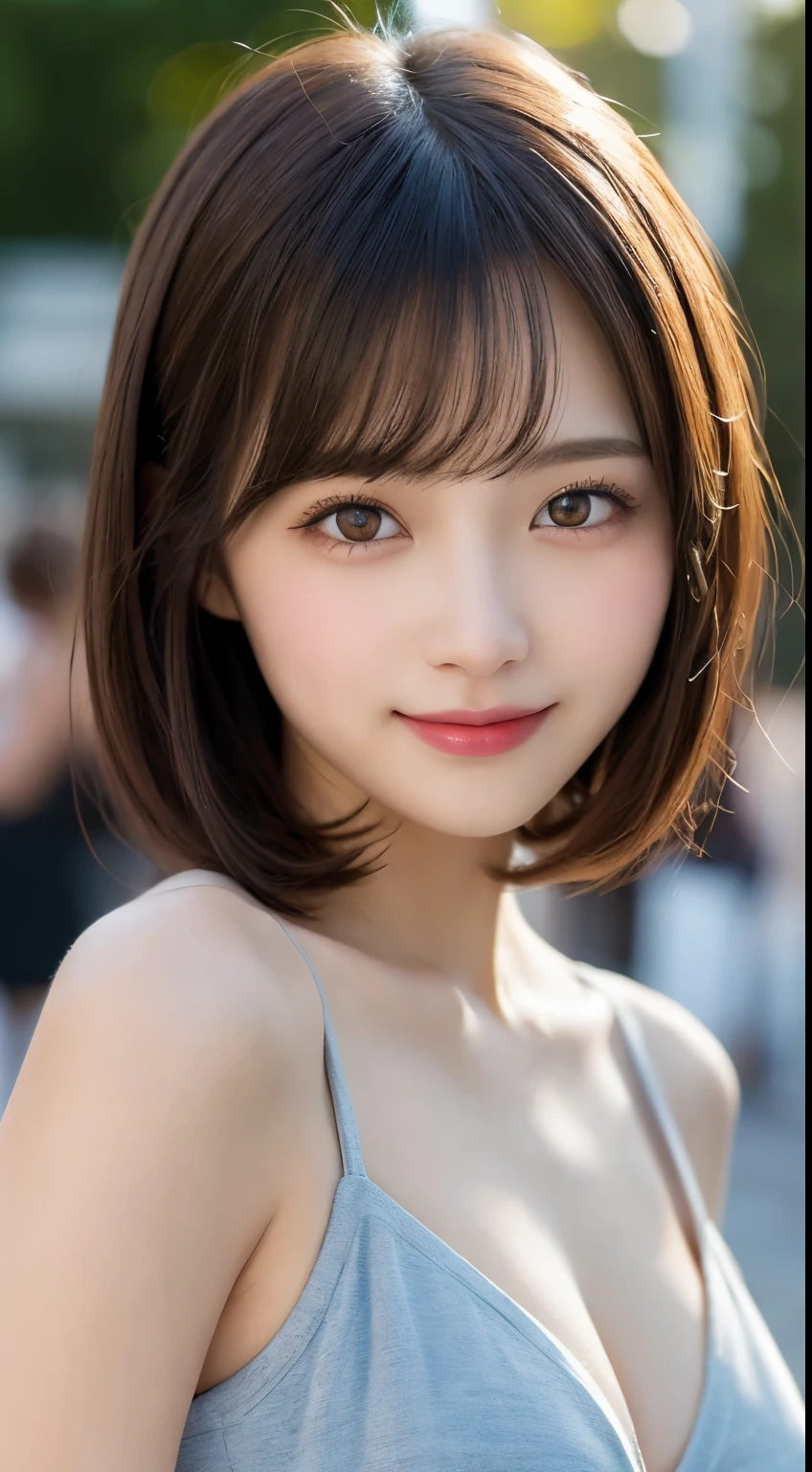 masutepiece, Best Quality, Illustration, Ultra-detailed, finely detail, hight resolution, 8K Wallpaper, Perfect dynamic composition, Beautiful detailed eyes, Women's Fashion Summer,Short Bob Hair,Small breasts natural color lip, Bold sexy poses,Smile,Harajuku、20 years girl、Cute、Sexy shot looking at camera