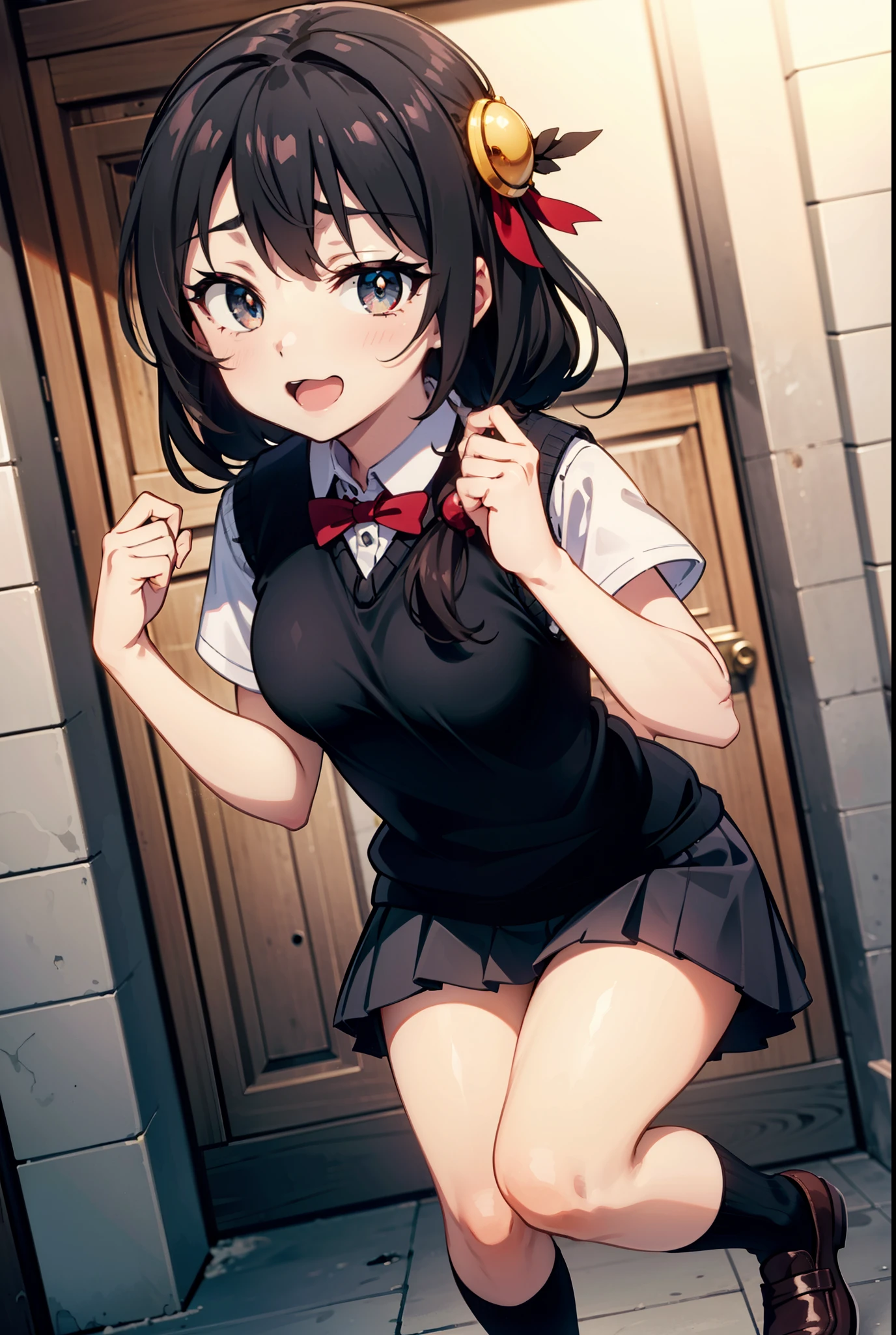 masterpiece, highest quality,girl,Super detailed,Outdoor,Yunyun, Long Hair, Brown Hair, hair ornaments, (Red eyes:1.3), happy smile, smile, Open your mouth, White shirt,Short sleeve,Sweater vest, (black Sweater vest:1.5),Black pleated skirt,White socks,Black Loafers,whole bodyがイラストに入るように,歩いている break door, School　corridor,crowd, people々々々々, break looking at viewer, whole body, break (masterpiece:1.2), highest quality, High resolution, unity 8k wallpaper, (shape:0.8), (Beautiful and beautiful eyes:1.6), Highly detailed face, Perfect lighting, Highly detailed CG, (Perfect hands, Perfect Anatomy),