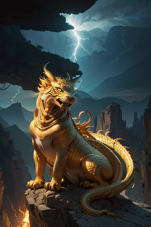 So sublime and divine々A beautiful golden dragon coiled up in the center of the screen, glaring at the camera.。The surrounding area is a canyon where no one can get close, and lightning is flashing in the background.、The sun is shining brightly
