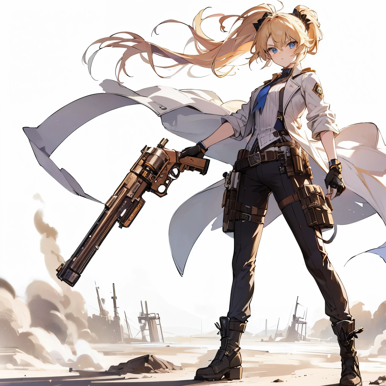 (masterpiece, highest quality), (Perfect athletic body:1.2), (Fine hair), Very detailed, Anime Style, whole body, alone, Stylish Gunfighter Girl, Blonde, blue eyes, Men's white pantsuit, Holding a steampunk long barrel pistol, Wear long boots, Standing in the wasteland, 8K High Resolution, White Background, whole body