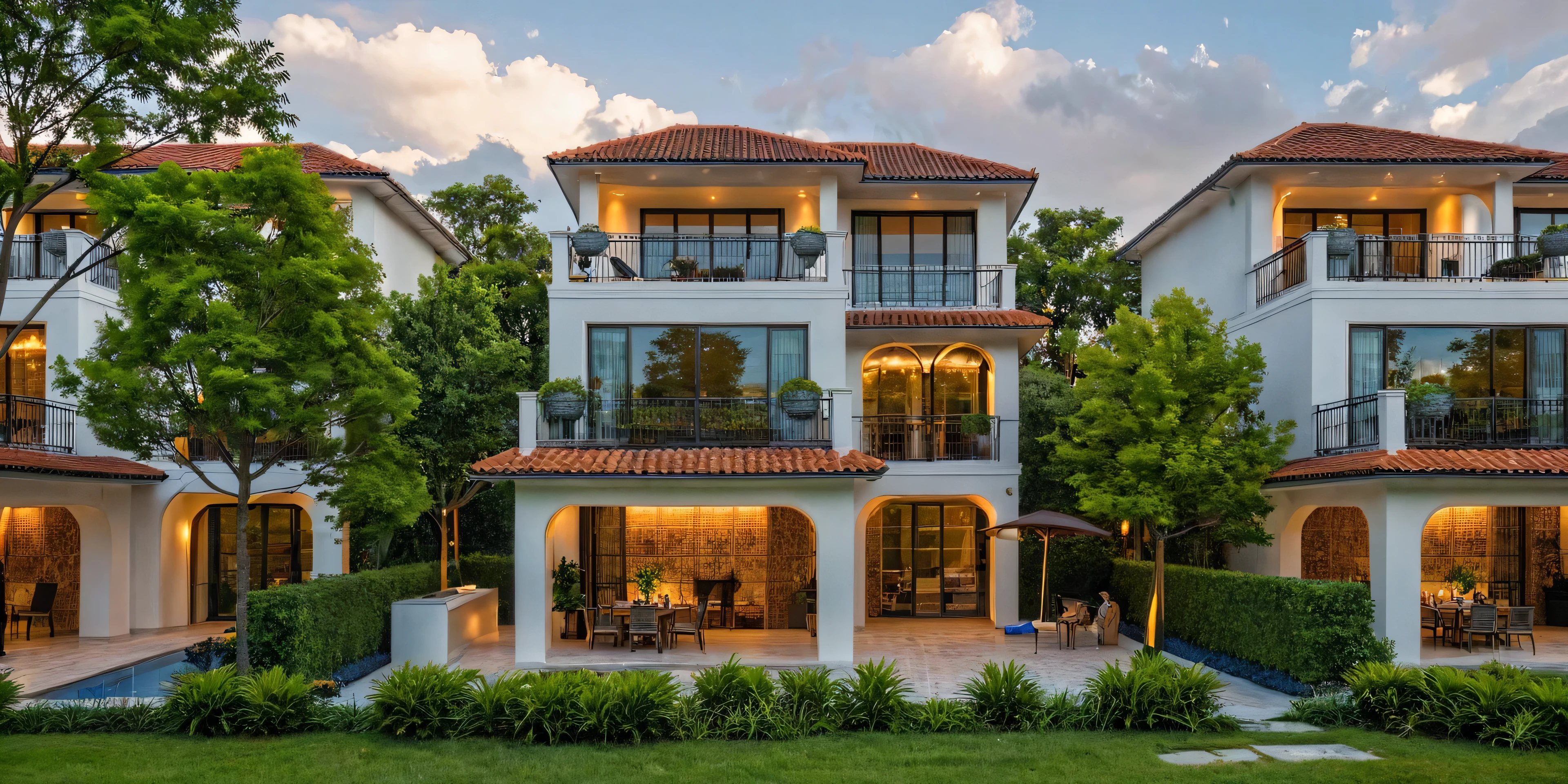 Masterpiece, high quality, best quality, authentic, super detail, outdoors, onestoreyvillaXL, aiaigroup, stairs, white wall , dark orange tile, art effect loft light wall, pool, grass, trees, sky, cloud, (daylight:1.1)