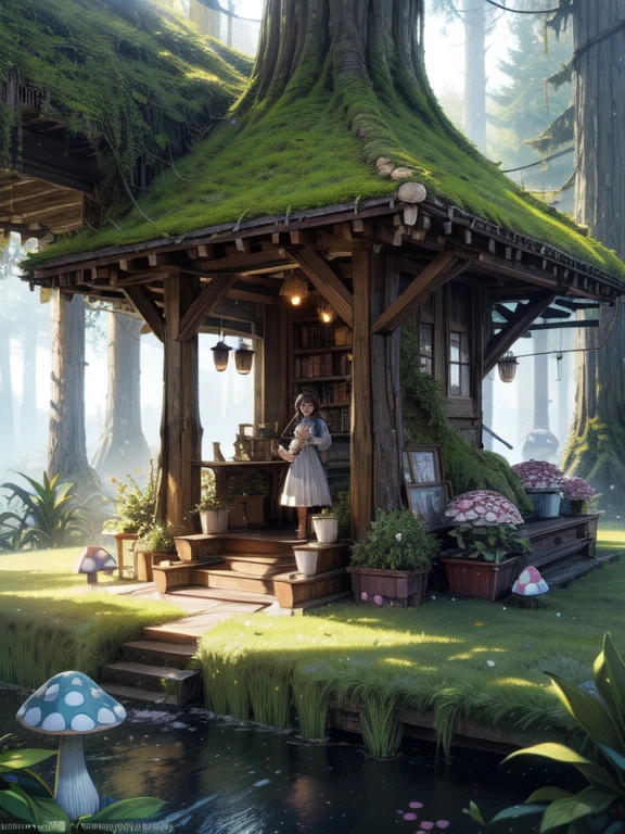 masterpiece, highest quality, (Highly detailed CG Unity 8k wallpaper), (highest quality), (Best illustrations), (Best Shadow), Moss-covered mushroom house，fire Fly，The room is filled with bright light，petal, Isometric 3D, Octane Rendering,Ray Tracing,Super detailed,