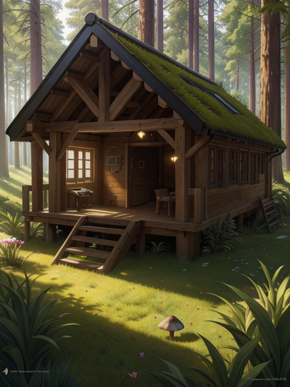 masterpiece, highest quality, (Highly detailed CG Unity 8k wallpaper), (highest quality), (Best illustrations), (Best Shadow), Moss-covered mushroom house，fire Fly，The room is filled with bright light，petal, Isometric 3D, Octane Rendering,Ray Tracing,Super detailed,