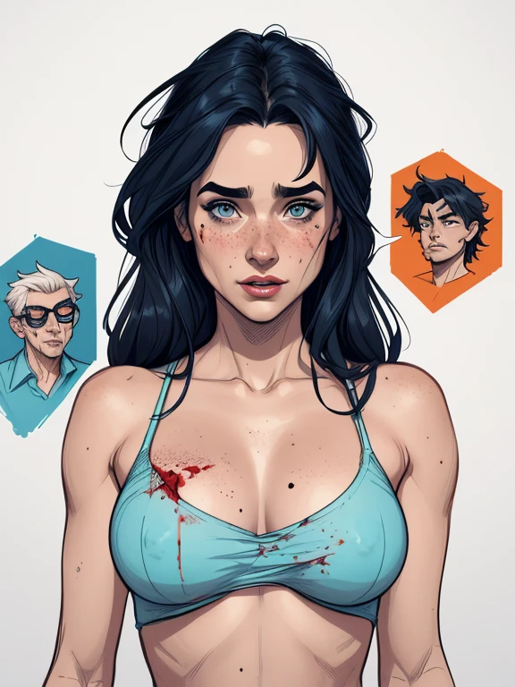 Character style illustration style Completely bare showing a little fear Breast artoon name: Isabella Cruz white background medium breasts frecke Jennifer Connelly actress strong contours Physical description - long straight hair, tingidos de um marrom vibrante que contrasta com sua pele clara. - You reflect a mix of curiosity and determination. - Ela tem uma estatura alta, with a slender and agile figure, evidenciando sua agilidade e destreza. -fundo colorido Design de personagens de retrato, beautiful digital illustration, retrato de alta qualidade, Arte em quadrinhos, Corpo inteiro sensualizando ou pelada. folha de retorno. return sheet clothes of the day hellish day expression of hatred and blood on the face