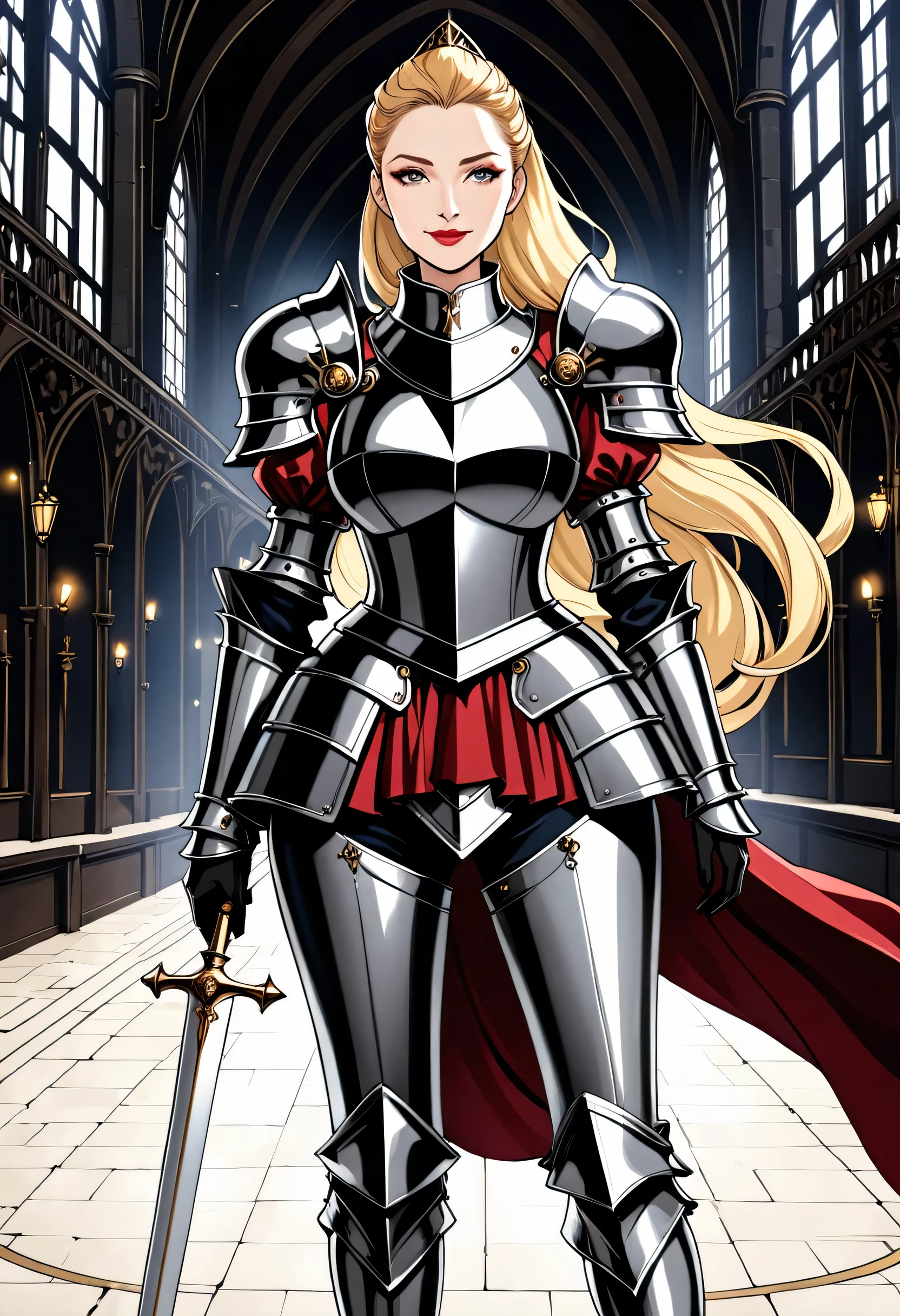 Detailed image, detailed face, anime style, woman about 40, Frenchwoman, an aristocrat, curvy body, confident smile, arrogant look, makeup, bright lipstick, very long blond wavy hair pulled back into a ponytail, in so expensive culet armor, in great helm knight helmet, in tight trousers, in gaunlet gloves, in iron knight high boots, in iron skirt, standing alone in the knights' training room,