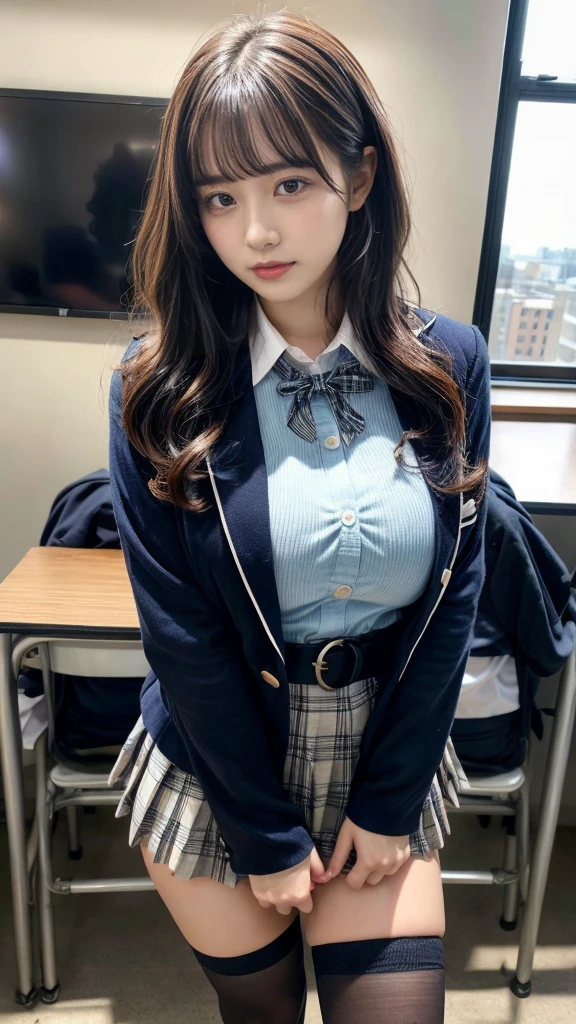 muster piece, best quality, illustration, Super detailed, fine details, High resolution, 8K,wall paper, perfect dynamic composition,(Details High quality, realistic depiction of eyes:1.3), from side, High School Classroom、High school girl uniform、blazer 、Super Short Check Uniform Skirt、Navy blue high socks、garterbelts、Colossal tits、Disturbed uniform, short hair, (wavy hair:1.2), black hair color, huge breasts, Big Natural Color Lip, bold sexy pose, (perfect body shape), crying a little、cold gaze, Harajuku style、20 year old girl、cute type, beautiful legs, hposing Gravure Idol, Voluptuous thighs