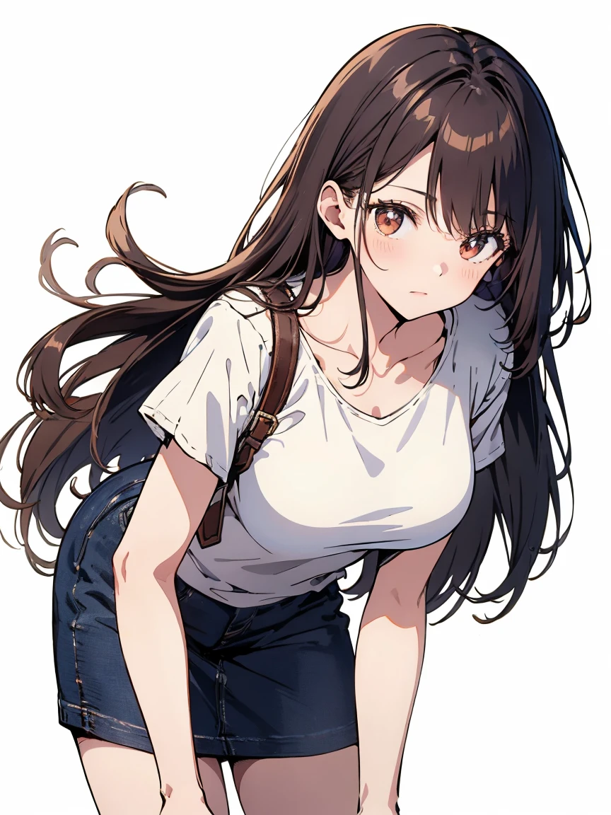 delicate colors, bright colors, beautiful, downblouse, loose t-shirt, leaning forward, brown hair, long hair, leaning forward, loose t-shirt, downblouse, illustration, cowboy shot, anime, UHD, masterpiece, high quality