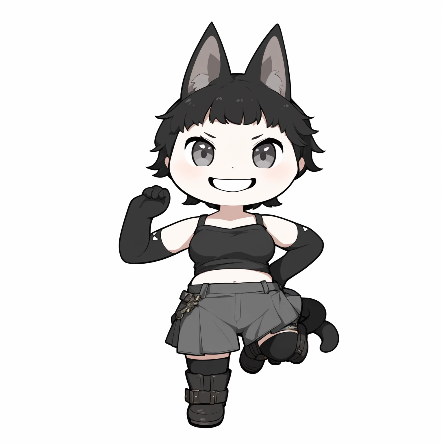 masterpiece, best quality, 1girl, chibi, pale skin, cat ears, cat tail. grey shirt, grey skirt shorts, black short hair, grey eyes, elbow gloves, boots, smile, rating_safe