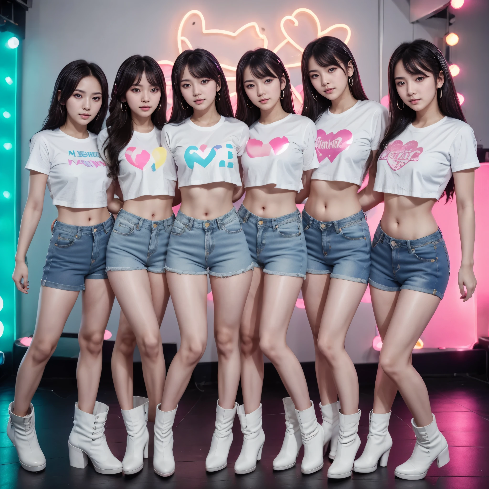 k-pop girl group with six members, two of the girls are wearing pleated blue denim with white t-shirt crop tops, another two of the girls are wearing the same style crop top t-shirts in light pink but with blue mini denim shorts, and the third duo are wearing low waist blue denim skinny jeans with pastel purple crop top t-shirts. All of them are wearing white ankle boots. The girls are posing in a cute, but flirty and seductive manner
The background is a colorful neon heart shaped LED background.
The photosoot is is inspired by second generation K-Pop Inspired photoshoot, y2k inspired, realistic, pretty, cute, seductive, sexy, girls generation, kara, t-ara.