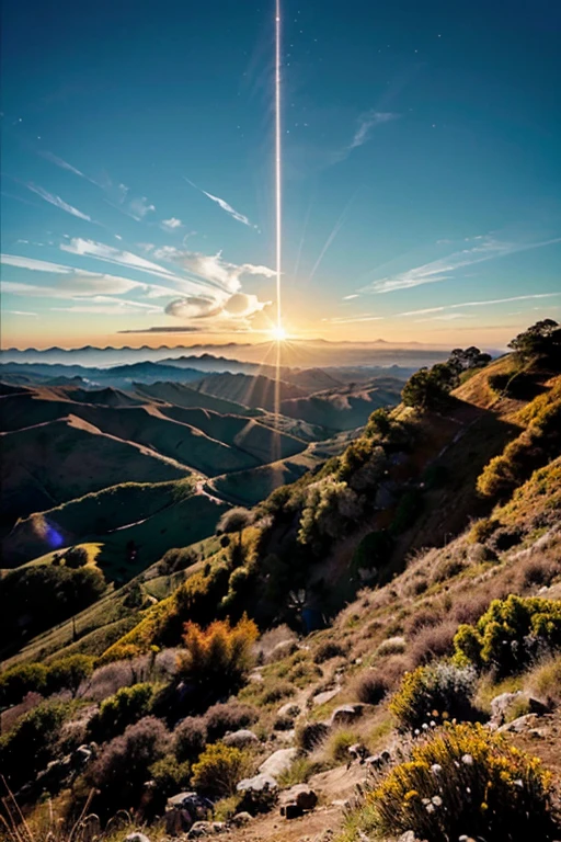 PAISAJE IMPRESIONANTE AL AMANECER, UN VASTO CIELO EN TONOS CALIDOS DE NARANJA, ROSA Y DORADO, CON EL SOL ASOMANDOSE JUSTO SOBRE EL HORIZONTE. IN THE FOREGROUND A MAJESTIC MOUNTAIN WITH A LONELY FIGURE AT THE TOP, CON LOS BRAZOS EXTENDIDOS HACIA EL CIELO EN UNA POSTURA TRIUNFANTE. LA SILUETA DE LA FIGURA DESTACA CONTRA EL CIELO BRILLANTE, SYMBOLIZING THE CONQUEST OF THE DREAM AND PERSONAL IMPROVEMENT, ESTA IMAGEN TRANSMITE ESPERANZA, DETERMINACION Y LA SENSACION DE INFINITAS POSIBILIDADES.