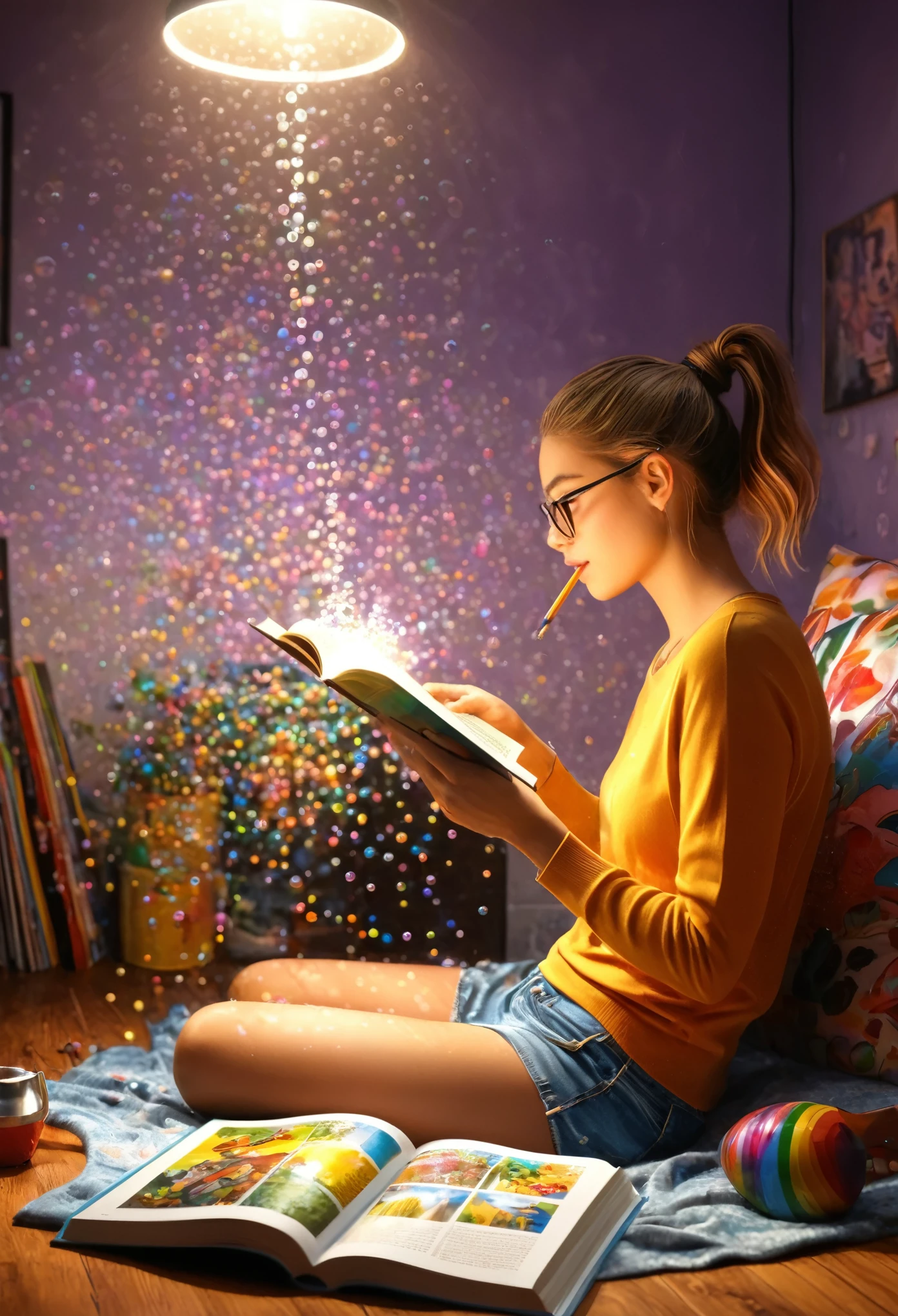 (a person reading a book),illustrations of colorful people,comic strip bubbles,medium:pencil sketches,detailed illustrations,beautifully drawn characters,vibrant colors,vivid characters,unique poses,expressive faces,imaginary world,playful atmosphere,narrative scenes,attention to detail,enchanting scenarios,(best quality,4k,8k,highres,masterpiece:1.2),ultra-detailed,(realistic,photorealistic,photo-realistic:1.37),HDR,UHD,studio lighting,physically-based rendering,professional painting,bokeh,illustration style,appealing compositions,colorful and lively,high contrast tones,soft and warm lighting,meticulous shading and highlights