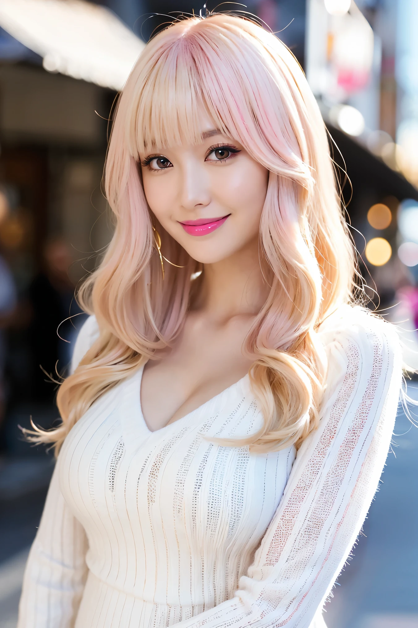 (Tabletop、highest quality、8k、Award-winning works、Ultra-high resolution)、One beautiful woman、(Perfect fluffy white V-neck long sleeve knit dress:1.3)、(golden and pink hair:1.2)、(Blonde:1.2)、Bright color contacts、Perfect Makeup、Bright and shiny lipstick、(Very heavy makeup:1.1)、(Pink Eyeshadow:1.1)、Large Breasts、(Voluptuous body:1.1)、Heavy makeup around the eyes、Very long wavy hair、The best smile you ever had when you saw me、(Accentuate your body lines:1.1)、(Strongly blurred vibrant Harajuku streetscape background:1.1)、(Strongly blurred background:1.1)、Accurate anatomy、Ultra HD Hair、(Ultra-high resolutionの完璧な美しい歯:1.1)、Ultra-high definition beauty face、Ultra HD Hair、Ultra HD Shining Eyes、輝くUltra-high resolutionの美肌、Ultra-high resolutionの艶やかな唇、(pregnancy:1.1)、A full-body photo of you standing elegantly