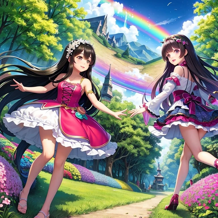 highest quality,A colorful fantasy world,Two women walking hand in hand,Ai Fukuhara,Pink Dress,long hair of dark purple color,Flower Crown,Large Breasts,Rainbow Road,Iridescent tree々,A shining river flows,A unicorn is running around in the background.,Fairies flying in the background,Black-haired woman