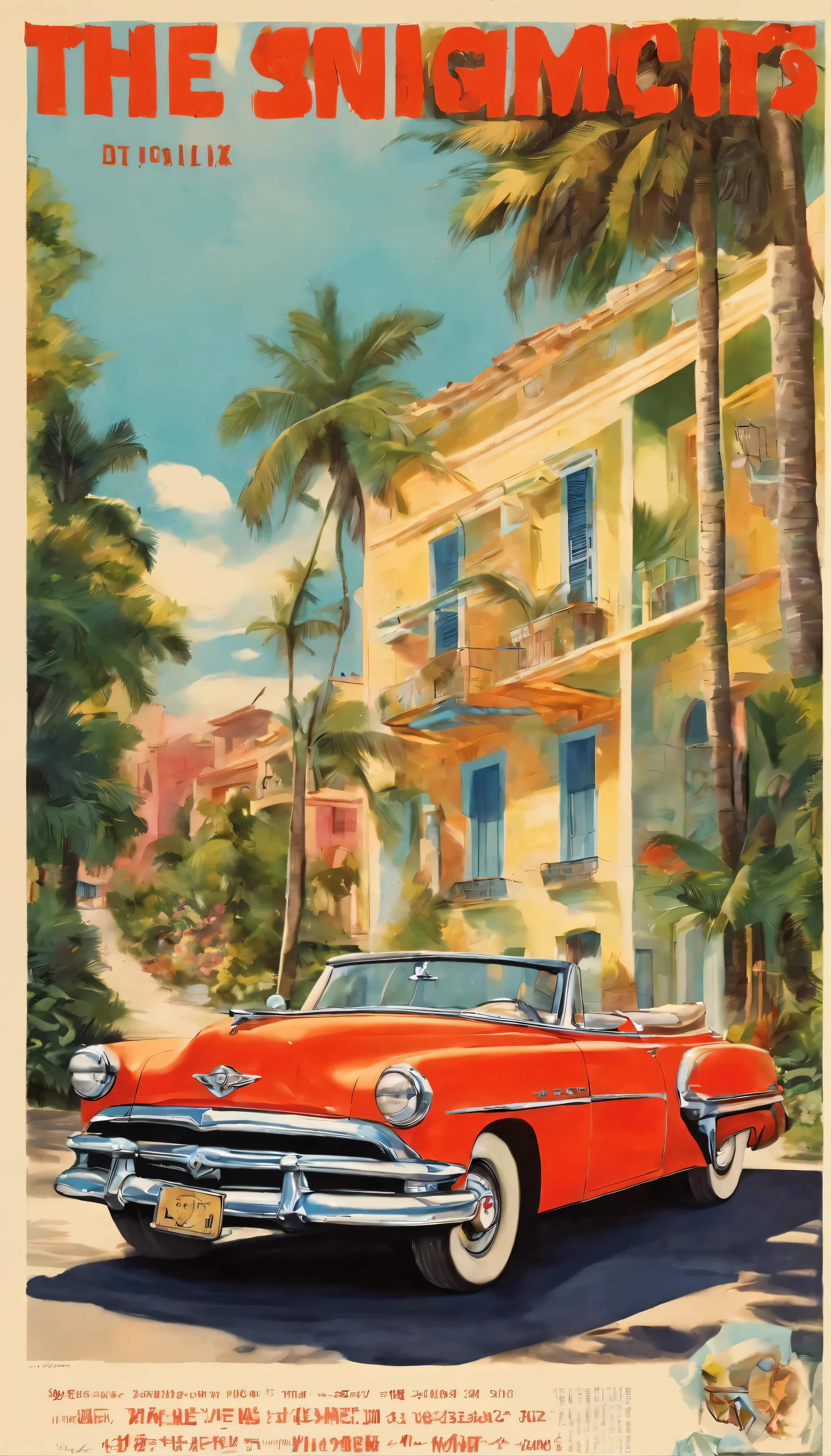 A classic 1950s convertible in vibrant coral paint.、Navigate Cuba&#39;s Bahamas-esque residential neighborhoods。The sunlight casts a warm golden glow、Body meter lighting enhances the car&#39;s sophisticated design、Shiny chrome grill、The polished wheels shine brightly in the soft natural light.。The interior of the car has been meticulously maintained.、It is in pristine condition。Vintage radio、Colorful pastel houses々The photos were taken in high resolution and captured the car journey through narrow, picturesque streets lined with、Plays gentle salsa music。