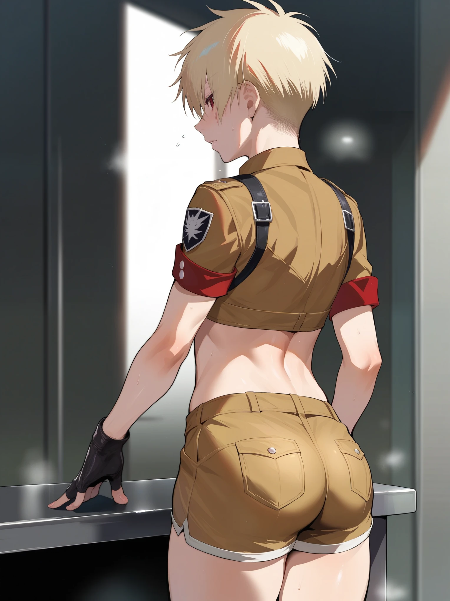 score_9, score_8_up, source_anime, standing, hellsing, seras, femboy, twink, shorts, otoko no, crop top, indoors, ikuchan, ass