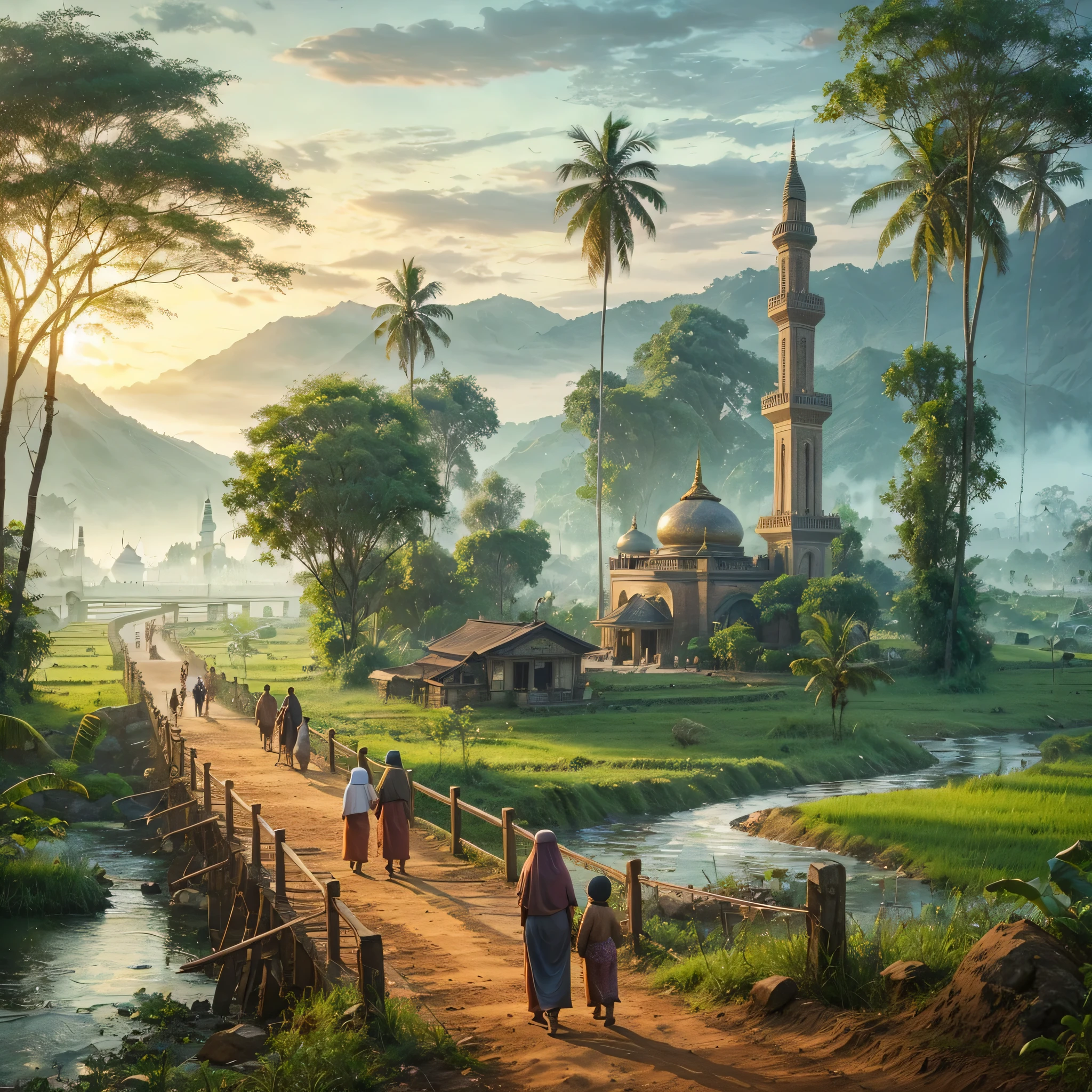 a group of people walking down a dirt road, a detailed matte painting, by Rudy Siswanto, sumatraism, with beautiful mosques, an indonesian family portrait, islamic art, bridge between the worlds, andrey gordeev, blissful journey