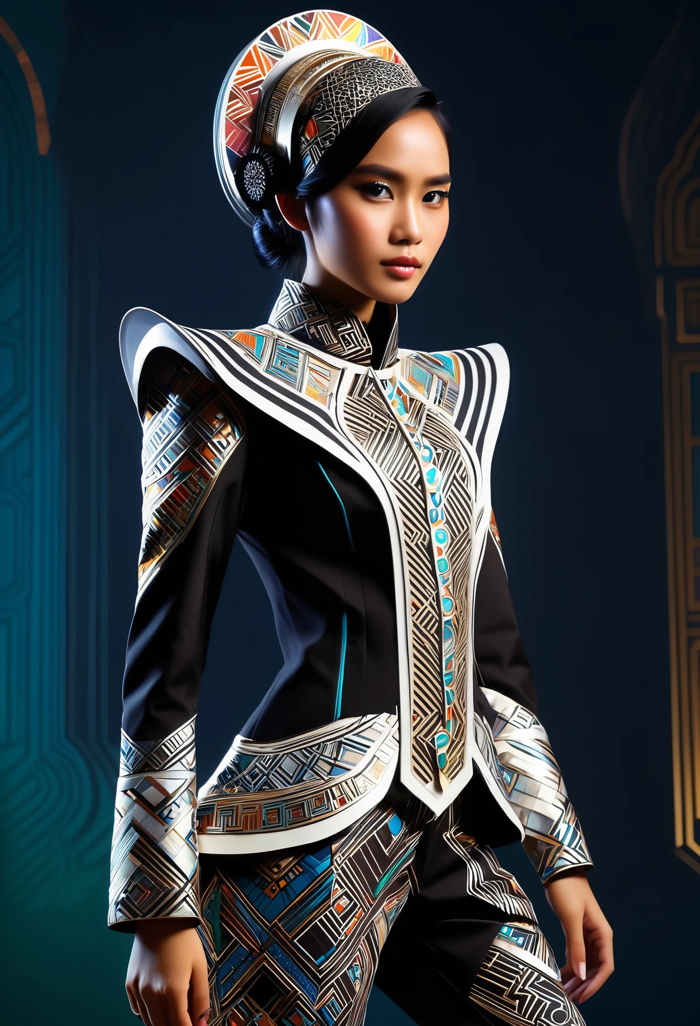 An Indonesian-styled futuristic suit worn by a girl depicting cultural fusion and modern fashion. The suit is adorned with intricate patterns and vibrant colors, showcasing the rich heritage of Indonesia. The girl stands confidently in a dynamic pose, with her detailed eyes reflecting determination and curiosity. The suit's material is a combination of traditional textiles and futuristic synthetic fabrics, giving it a unique and avant-garde appearance. The overall image quality is of the highest standard, with sharp focus and ultra-detailed rendering. The artwork employs physically-based rendering techniques, resulting in realistic lighting and shadows. The colors are vivid and vibrant, capturing the essence of Indonesian cultural aesthetics. The background features a fusion of modern architecture and traditional elements, creating a harmonious blend of the past and the future. The prompt explores the intersection of Indonesian culture, futuristic design, and the artistic representation of a confident girl