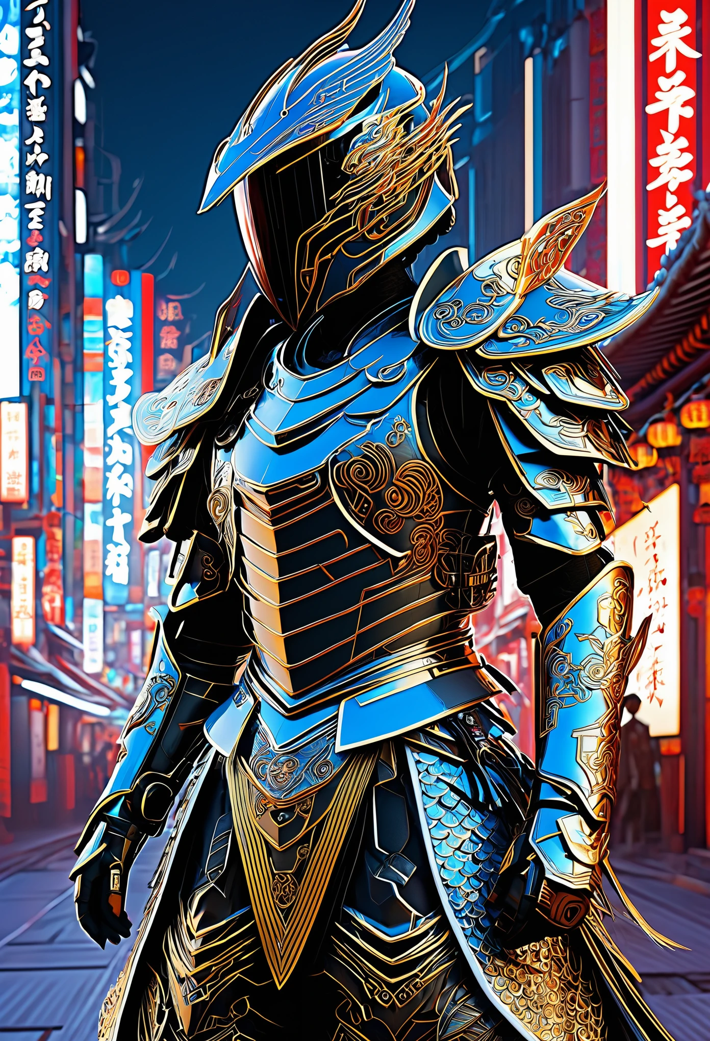 (high quality), (masterpiece), (detailed), 8K, Hyper-realistic illustration depicts (Japanese boy1.3) with intricate (fantasy armor1.2) adorned with (Chinese cultural symbols1.2) and (futuristic accents1.2), set against a (neon-lit cityscape1.2) backdrop, blending traditional and modern elements. In style of Ash Thorp, trending on Artstation.