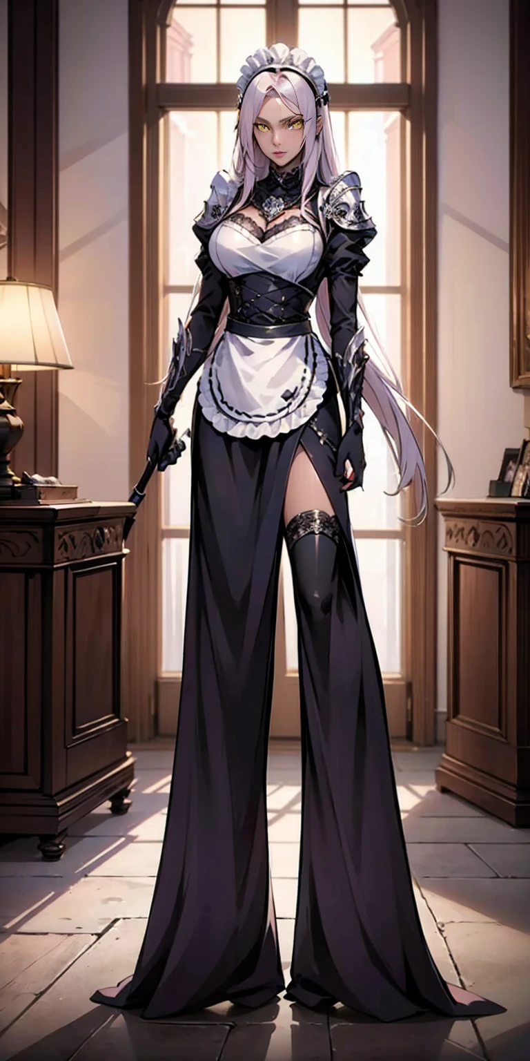 Full body standing straight symmetrical (mature female:1.4) (masterpiece, best quality) (maid, maid headdress, maid apron) indoors, window, best quality, high quality, dark black SKIN. Long messy hair, yellow eyes, full body, def_effie, blue breastplate, looking at viewer, shiny armor, thigh highs, high boots, shoulder armor, faulds, poleyn, red gloves gauntlets