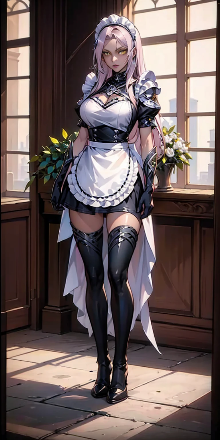 Full body standing straight symmetrical (mature female:1.4) (masterpiece, best quality) (maid, maid headdress, maid apron) indoors, window, best quality, high quality, dark black SKIN. Long messy hair, yellow eyes, full body, def_effie, blue breastplate, looking at viewer, shiny armor, thigh highs, high boots, shoulder armor, faulds, poleyn, red gloves gauntlets