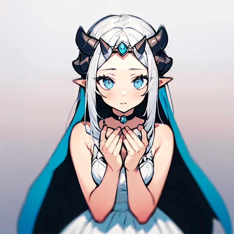 ((masterpiece)), ((bestquality)), 1 girl, solo, a 15-year-old girl, white hair, blue eyes, detailed face, dragonian_head, dragonian_body, dragonian_hairstyle, dragonian_horns, dragonian_tail, one white tail, white long dress, black choker, ((circlet on head)), pov_hands, ((white background))