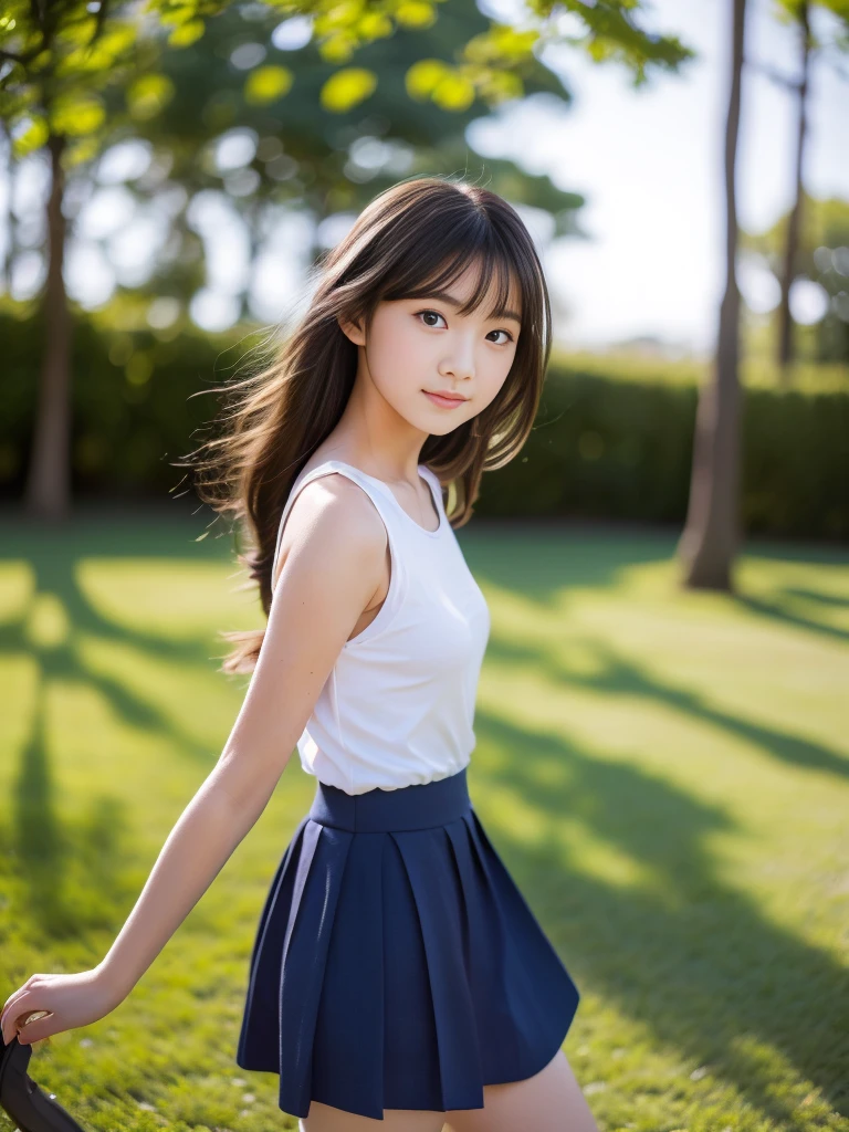 (masterpiece, highest quality:1.4), Award-winning portraits, 8k, 85mm, alone, Beautiful Face, Delicate girl, (Cheerleader、On the grass), Sophisticated, cute, 15 years old, RAW Photos, Confused, High resolution, Sharp focus, Background blur、(((Flat 、thin and delicate body、Childish atmosphere)))、shiny semi-long hair、ponytail、Mole on the left cheek、 Dark blue eyes、High Kick、the skirt is swaying in the wind、Hair swaying in the wind、sexy、Flexible legs