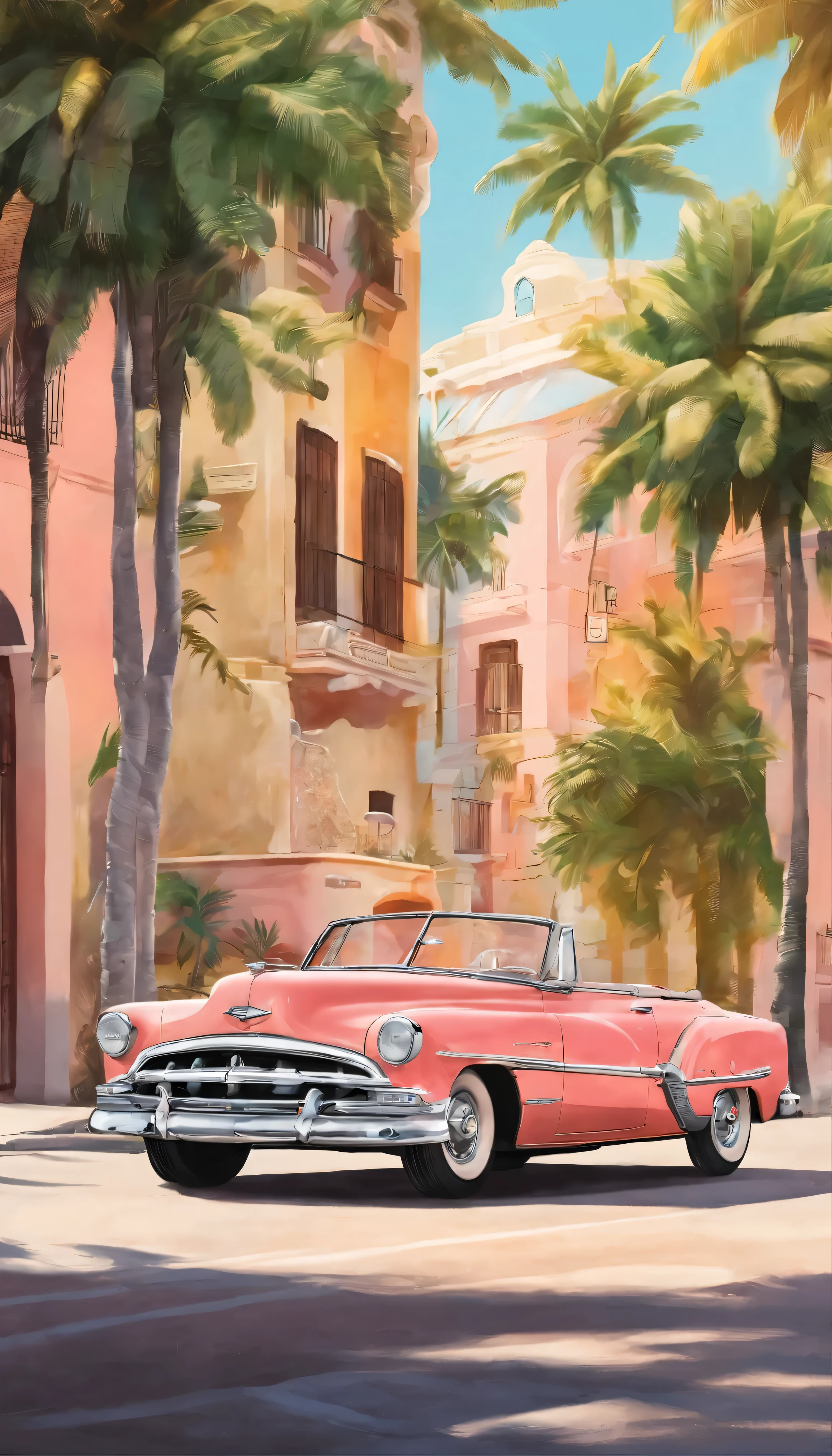 A classic 1950s convertible in vibrant coral paint.、Navigate Cuba&#39;s Bahamas-esque residential neighborhoods。The sunlight casts a warm golden glow、Body meter lighting enhances the car&#39;s sophisticated design、Shiny chrome grill、The polished wheels shine brightly in the soft natural light.。The interior of the car has been meticulously maintained.、It is in pristine condition。Vintage radio、Colorful pastel houses々The photos were taken in high resolution and captured the car journey through narrow, picturesque streets lined with、Plays gentle salsa music。
