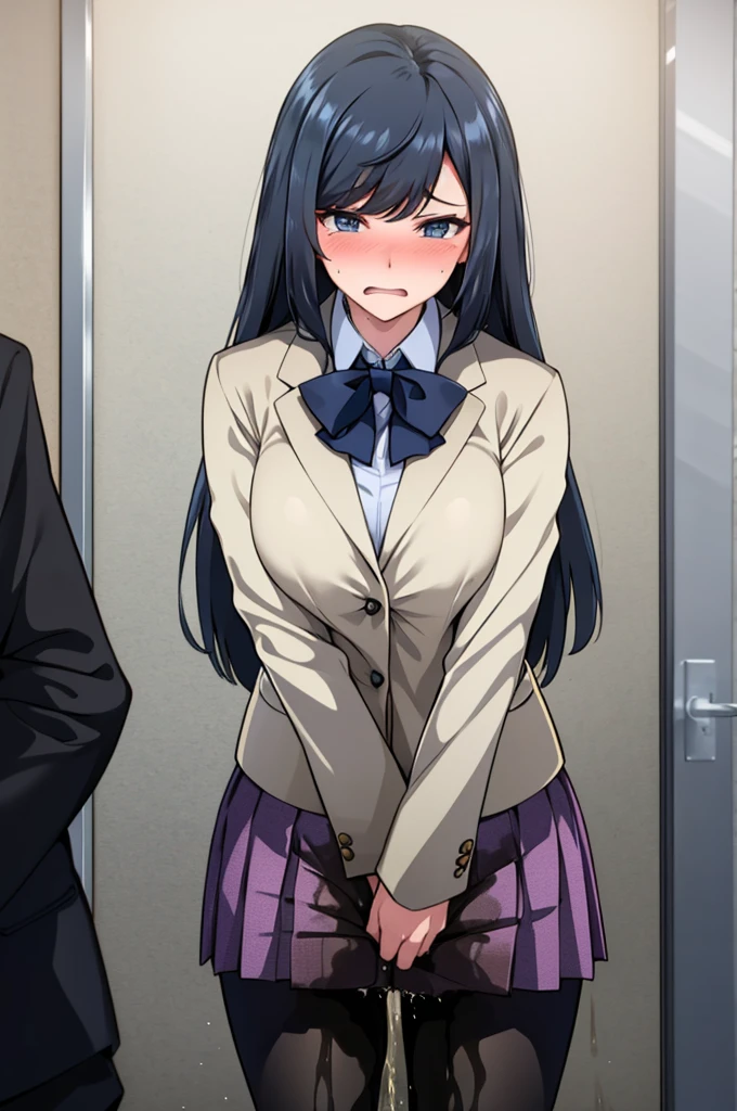 A woman with very long black hair and (very long bangs:1.5), wearing a  and skirt, blazer, pantyhose, standing. The artwork is inspired by manga and incorporates a doujin style. The woman appears to be (wetting herself:1.5), which causes her to feel embarrassed and humiliated, resulting in a blush on her face. In addition, there is an air of anger in her expression. The lighting in the scene is moody, with a spotlight highlighting the woman's figure. She is crossing her arms, arms crossed, fully showcasing her skirt., large breasts