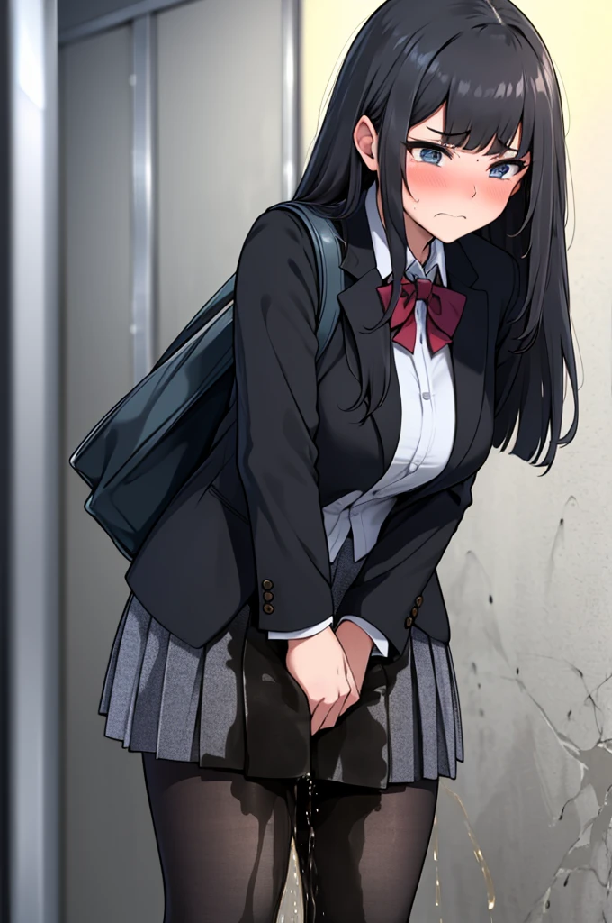 A woman with very long black hair and (very long bangs:1.5), wearing a and skirt, blazer, pantyhose, standing. The artwork is inspired by manga and incorporates a doujin style. The woman appears to be (wetting herself:1.5), which causes her to feel embarrassed and humiliated, resulting in a blush on her face. In addition, there is an air of anger in her expression. The lighting in the scene is moody, with a spotlight highlighting the woman's figure. She is crossing her arms, arms crossed, fully showcasing her skirt., large breasts