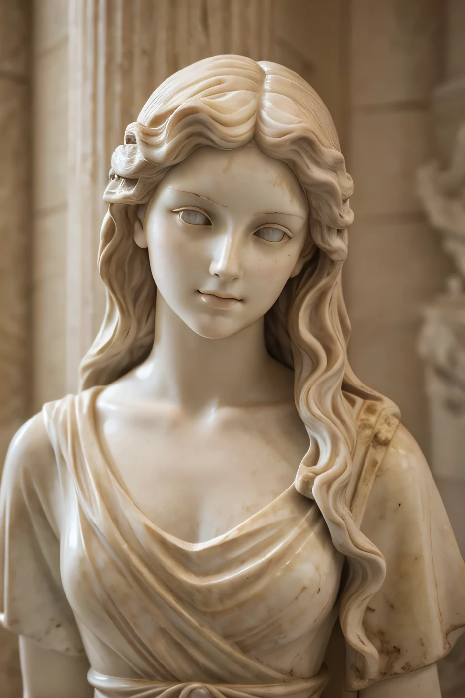 high details elegant young 14 year old beautiful roman girl marble statue, beautiful face, long wavy hair, wearing a roman tunic