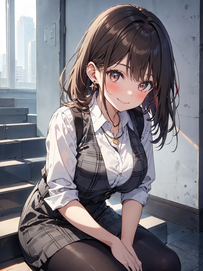 1 girl, brown hair, office lady, large breast, wearing a pink plaid vest, wear a white shirt, gray pencil skirt, wear black tights, necklace, earrings, cute face, smile, blushing, brown hair, sitting on the top of the stairs, leaning forward, front view, UHD, masterpiece, ccurate