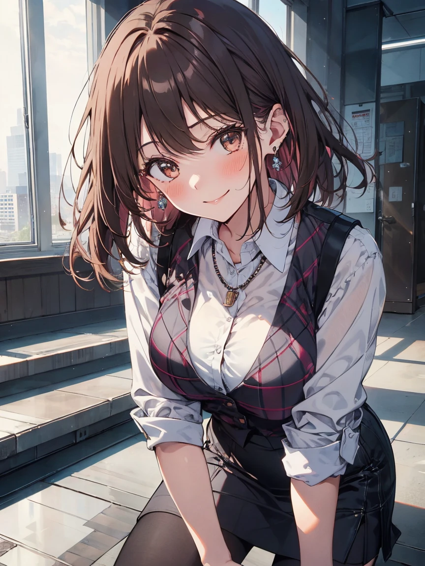 1 girl, brown hair, office lady, large breast, wearing a pink plaid vest, wear a white shirt, gray pencil skirt, wear black tights, necklace, earrings, cute face, smile, blushing, brown hair, sitting on the top of the stairs, leaning forward, front view, UHD, masterpiece, ccurate