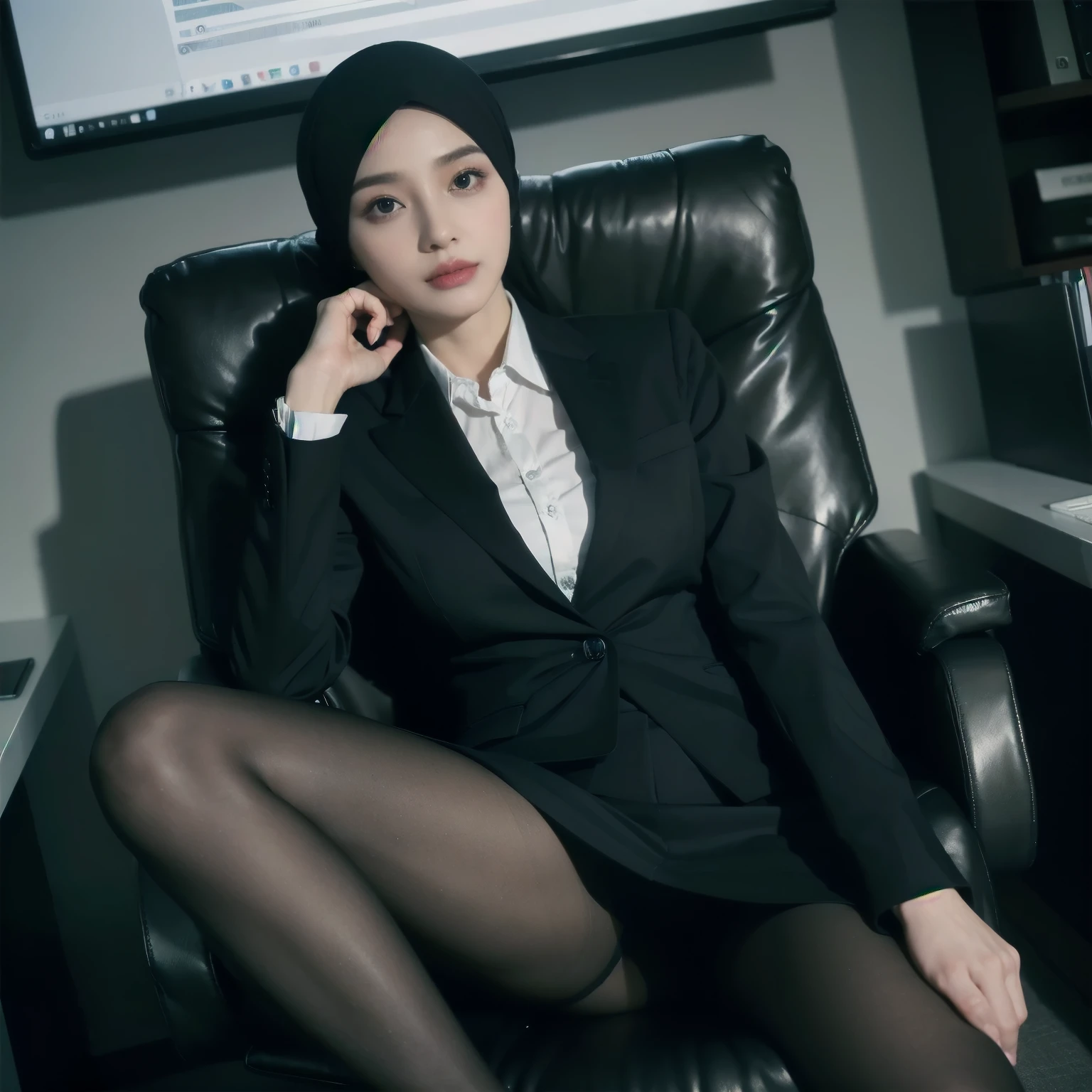 (Masterpiece), ((Best quality)), (Masterpiece,Best quality,offcial art,Extremely detailed Cg Unity 8K wallpaper), , Beauty photo, A Beauty Lady,solo,Elegant upper-class elite secretary in a business shirt,Perfect look,Double eyelid eyes,Delicate makeup, working in an office,wearing a strict business suit, Wear pantyhose,Wear high-end heels, Woman in shirt, dressed in a suit, huge tit,full bodyesbian,dressed in a suit, dressed in a suit, merchant, Business clothes, wearing black suits, Wear a shirt and skirt, ((Indonesian Hijab Woman in a suit)), ((46-Years-old)), Business attire,Computer chair,Seated,Erlang legs,high-heels,view the viewer,brightly,Complicated details,foot focus,from below,