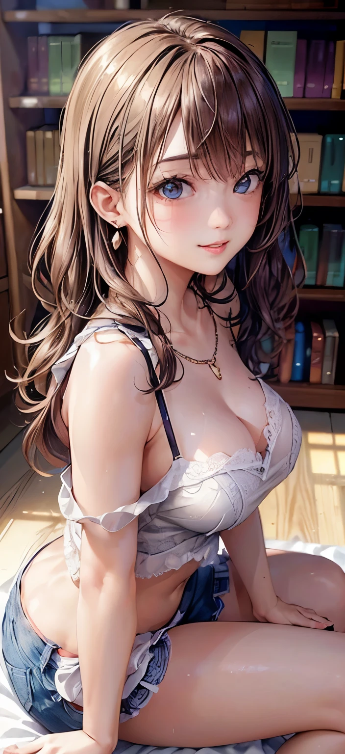 (masutepiece: 1.3), (max resolution: 1.2), (Ultra HDTV: 1.2), cinematric light, Ultra HDTV, (Detailed eyes and skin), (detailed facial features), nffsw, 8K resolution, Sharp Focus: 1.2, Perfect Style, Beautiful face, Perfect body, precise, Anatomically correct, Highly detailed face and skin texture, Detailed eyes, Dark-blue eyes, Double eyelids, Thin eyebrows, Glitter Eyeliner: 1.2, Natural cheeks, Glossy skin, Fair skin: 1.2, shiny little necklace and earrings, (Glossy lips: 1.4), BREAK, One-person viewpoint, (She is a very cute female teacher), (Sexy pink lace panties), (Seductive smile: 1.2), ((a Innocent and cute girl:1.3)), (Long Wave Hair), (ligh brown hair:1.2), , BREAK, ((Very intimate relationships: 1.2)), medium large breasts, ((Looking at Viewer:1.2)), ((Library 1.2)), ((Bend your knees and open your legs wide:1.2)), (From Side:1.2),low angle shot,Off-the-shoulder sweaters Tight jeans mini skirt Embarrassed look Kamimei