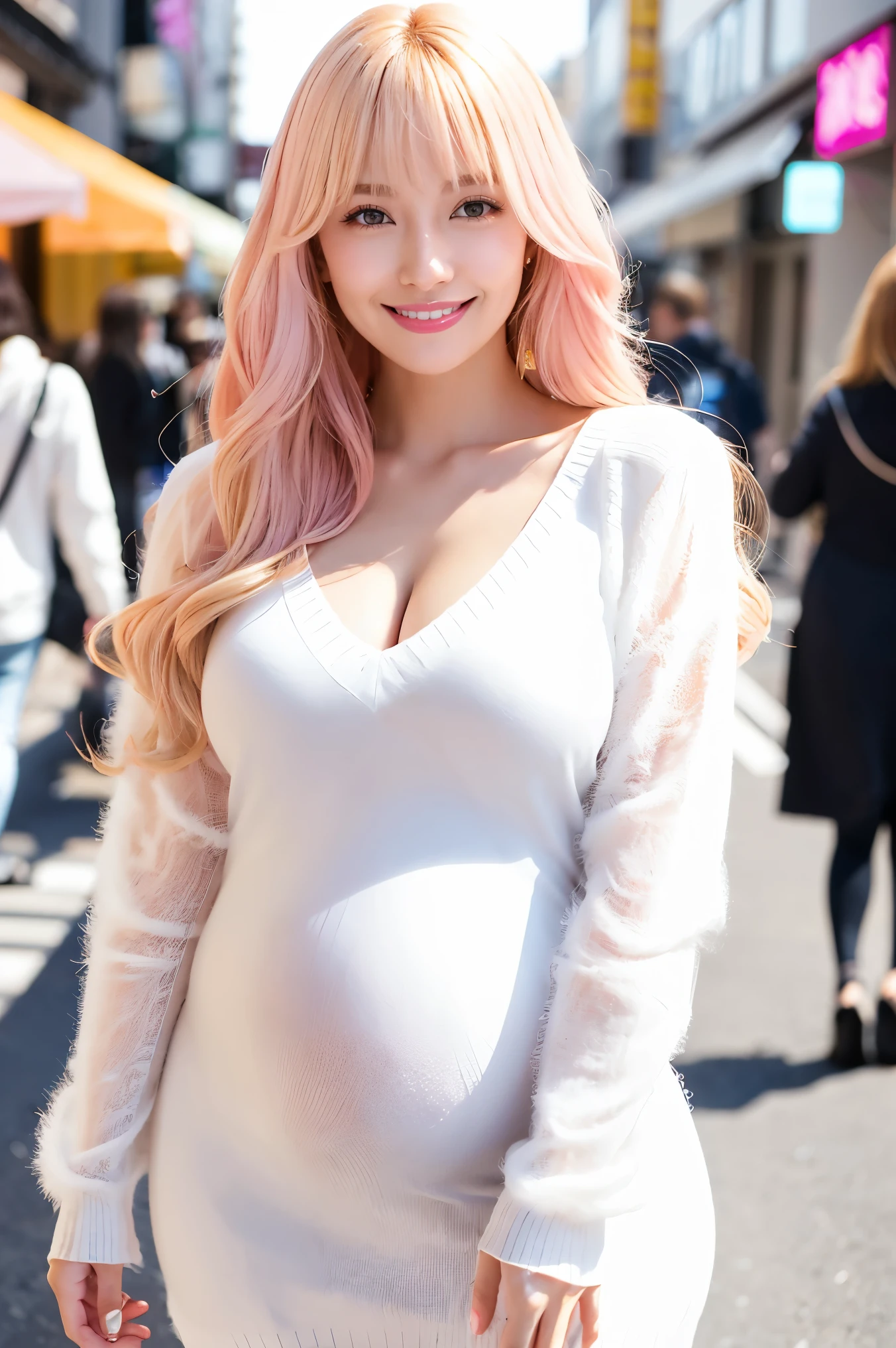 (Tabletop、highest quality、8k、Award-winning works、Ultra-high resolution)、One beautiful woman、(Perfect fluffy white V-neck long sleeve knit dress:1.3)、(golden and pink hair:1.2)、(Blonde:1.2)、Bright color contacts、Perfect Makeup、Bright and shiny lipstick、(Very heavy makeup:1.1)、(Pink Eyeshadow:1.1)、Large Breasts、(Voluptuous body:1.1)、Heavy makeup around the eyes、Very long wavy hair、The best smile you ever had when you saw me、(Accentuate your body lines:1.1)、(Strongly blurred vibrant Harajuku streetscape background:1.1)、(Strongly blurred background:1.1)、Accurate anatomy、Ultra HD Hair、(Ultra-high resolutionの完璧な美しい歯:1.1)、Ultra-high definition beauty face、Ultra HD Hair、Ultra HD Shining Eyes、輝くUltra-high resolutionの美肌、Ultra-high resolutionの艶やかな唇、(pregnancy:1.1)、A full-body photo of you standing elegantly