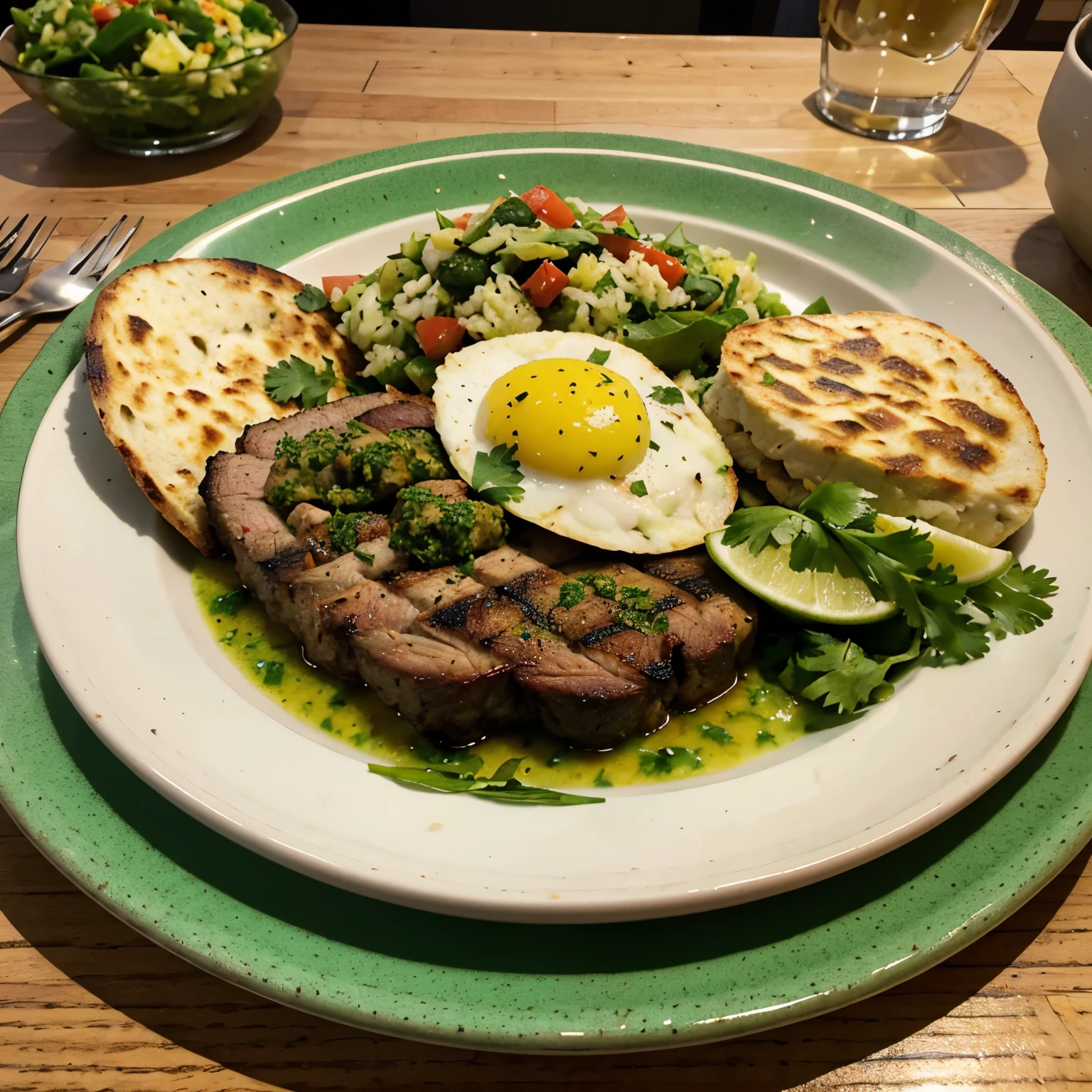 Un plato con un churrasco argentino que contenga ensalada, cebollines, arroz , chimichurri, tortilla.