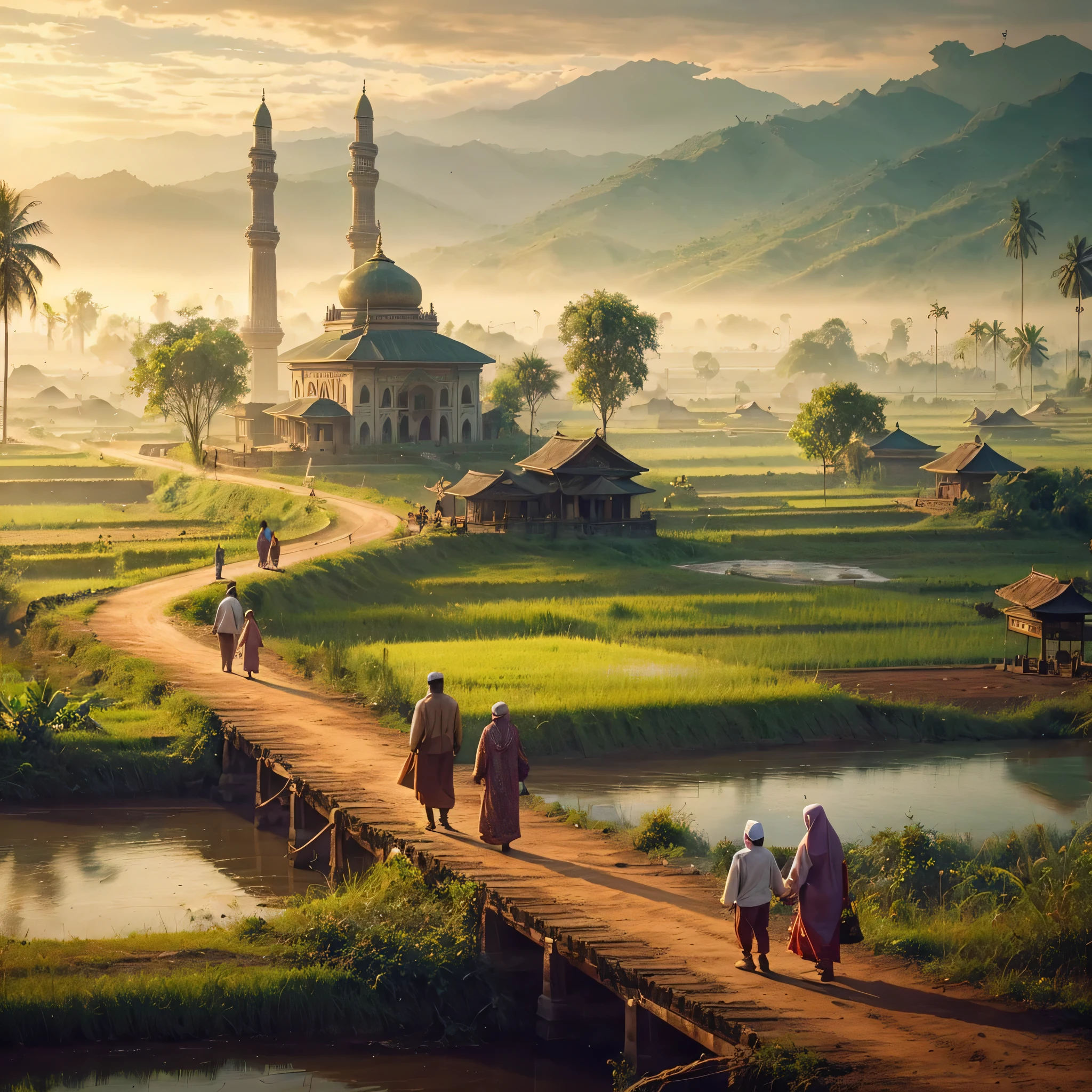 a group of people walking down a dirt road, a detailed matte painting, by Rudy Siswanto, sumatraism, with beautiful mosques, an indonesian family portrait, islamic art, bridge between the worlds, andrey gordeev, blissful journey
