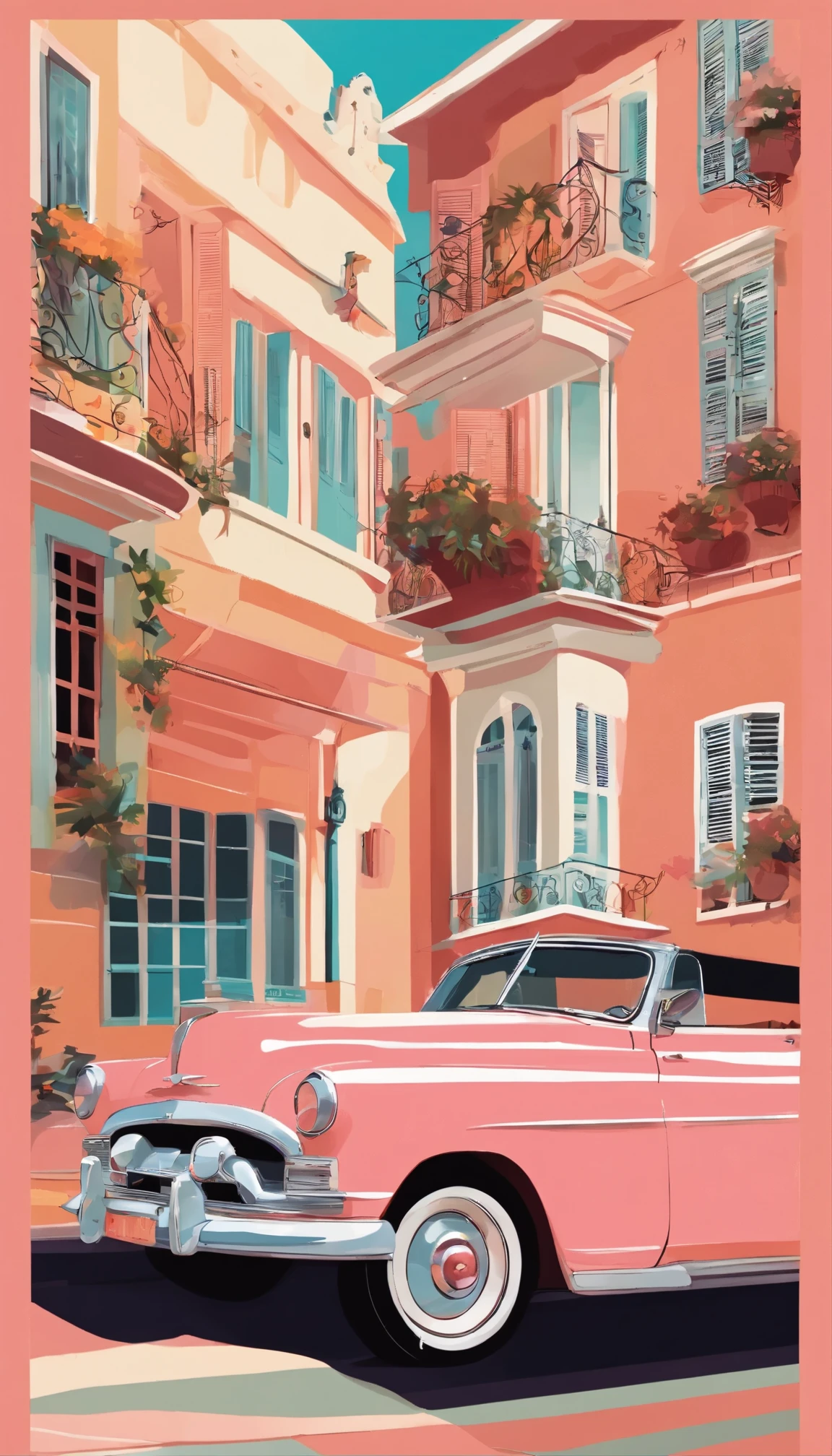 A classic 1950s convertible in vibrant coral paint.、Navigate Cuba&#39;s Bahamas-esque residential neighborhoods。The sunlight casts a warm golden glow、Body meter lighting enhances the car&#39;s sophisticated design、Shiny chrome grill、The polished wheels shine brightly in the soft natural light.。The interior of the car has been meticulously maintained.、It is in pristine condition。Vintage radio、Colorful pastel houses々The photos were taken in high resolution and captured the car journey through narrow, picturesque streets lined with、Plays gentle salsa music。